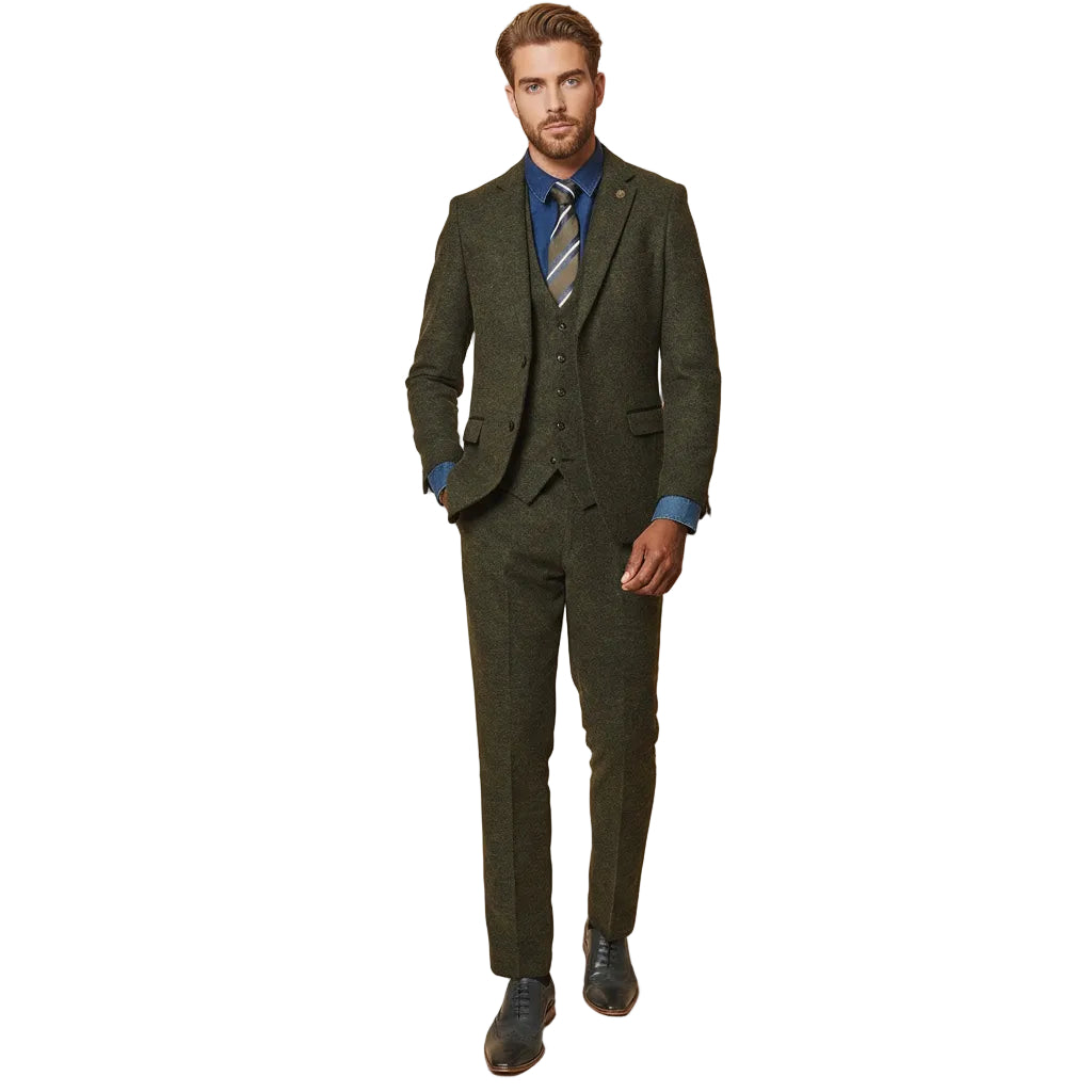 ceehuteey Men's 3 Pieces Olive Green Fashion Formal Tweed Wool Herringbone Notch Lapel Mens Suit (Blazer+vest+Pants)