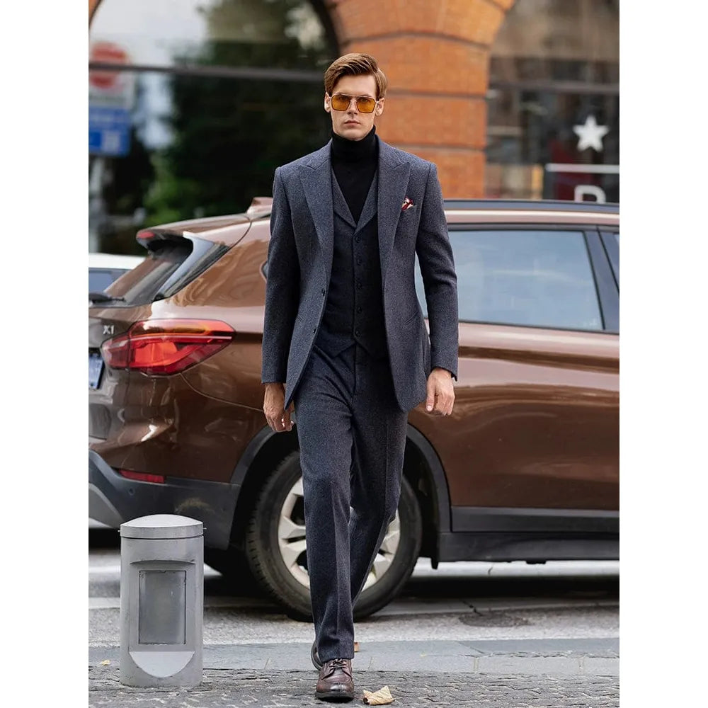 ceehuteey Men's 3 Pieces Peak lapel Herringbone Classic Fashion suit (Blazer+vest+Pants)