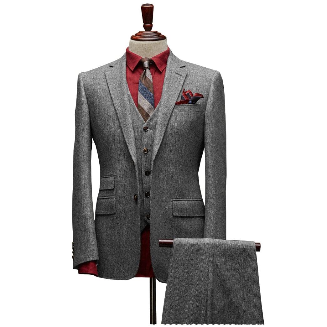 ceehuteey Men's 3 Pieces Slim Fit Tweed Classic Herringbone Notch Lapel Tuxedos (Blazer+vest+Pants)