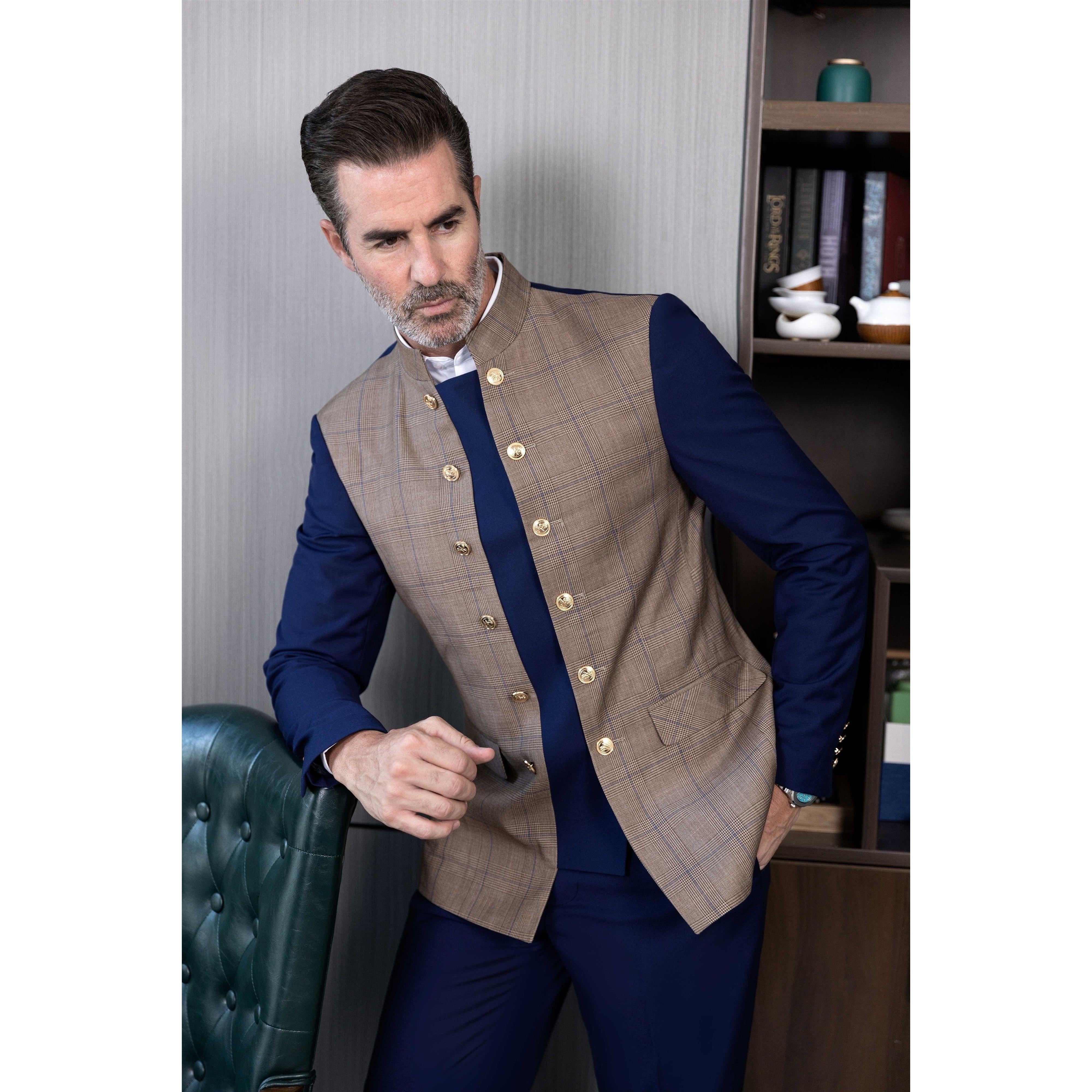 ceehuteey Men's 3 Pieces Stand Collar Chinese Classic Design Plaid Suits(Blazer+Pants)