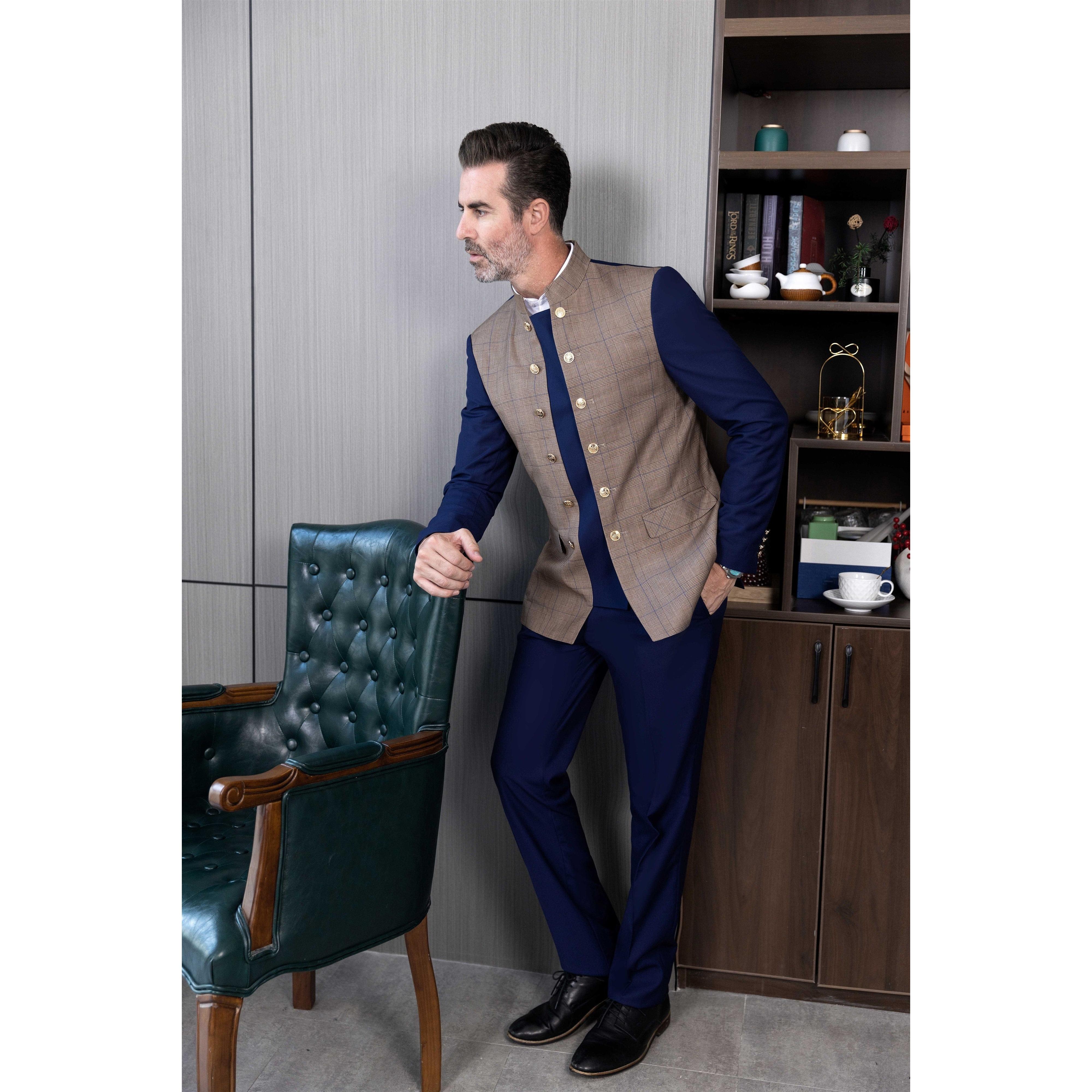 ceehuteey Men's 3 Pieces Stand Collar Chinese Classic Design Plaid Suits(Blazer+Pants)