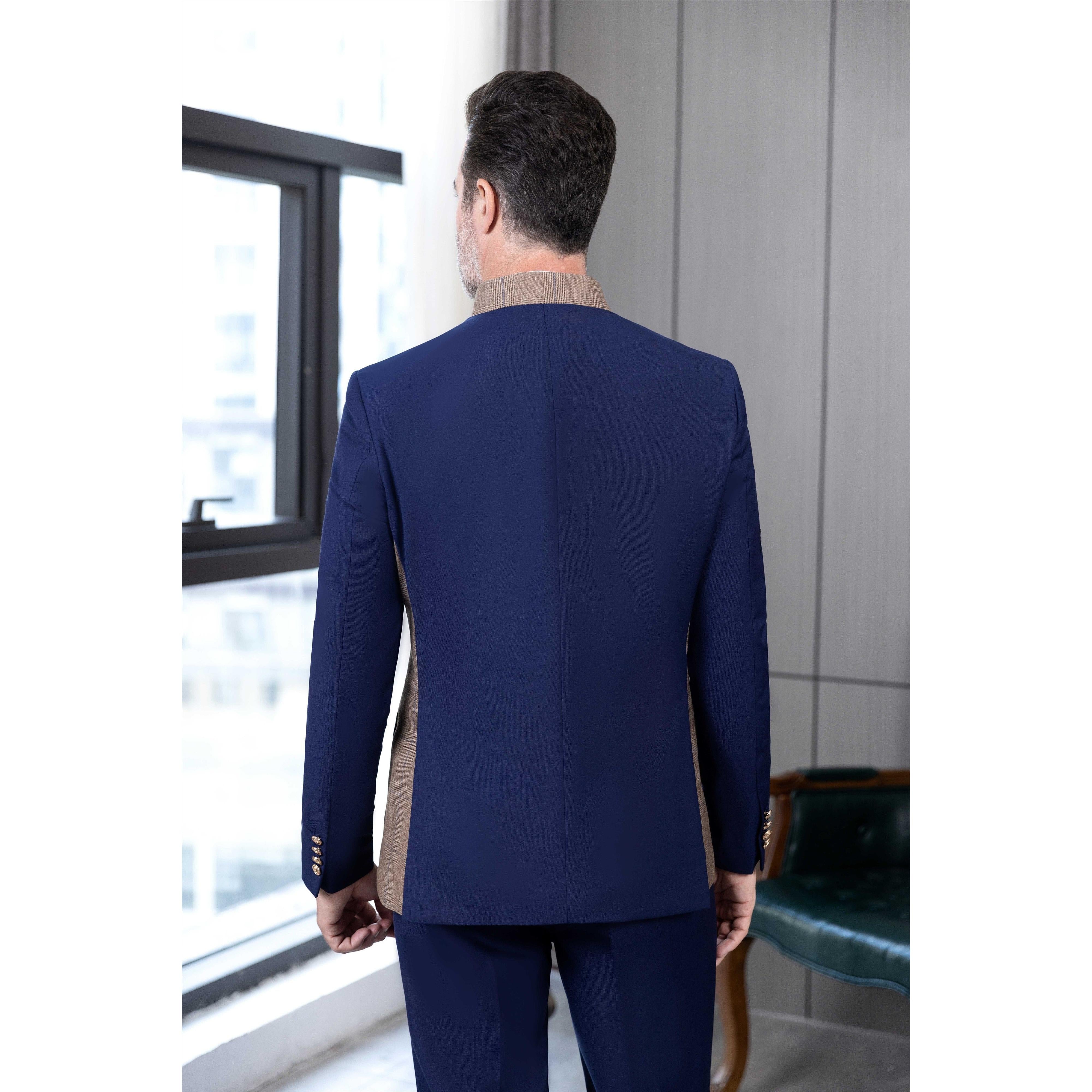 ceehuteey Men's 3 Pieces Stand Collar Chinese Classic Design Plaid Suits(Blazer+Pants)