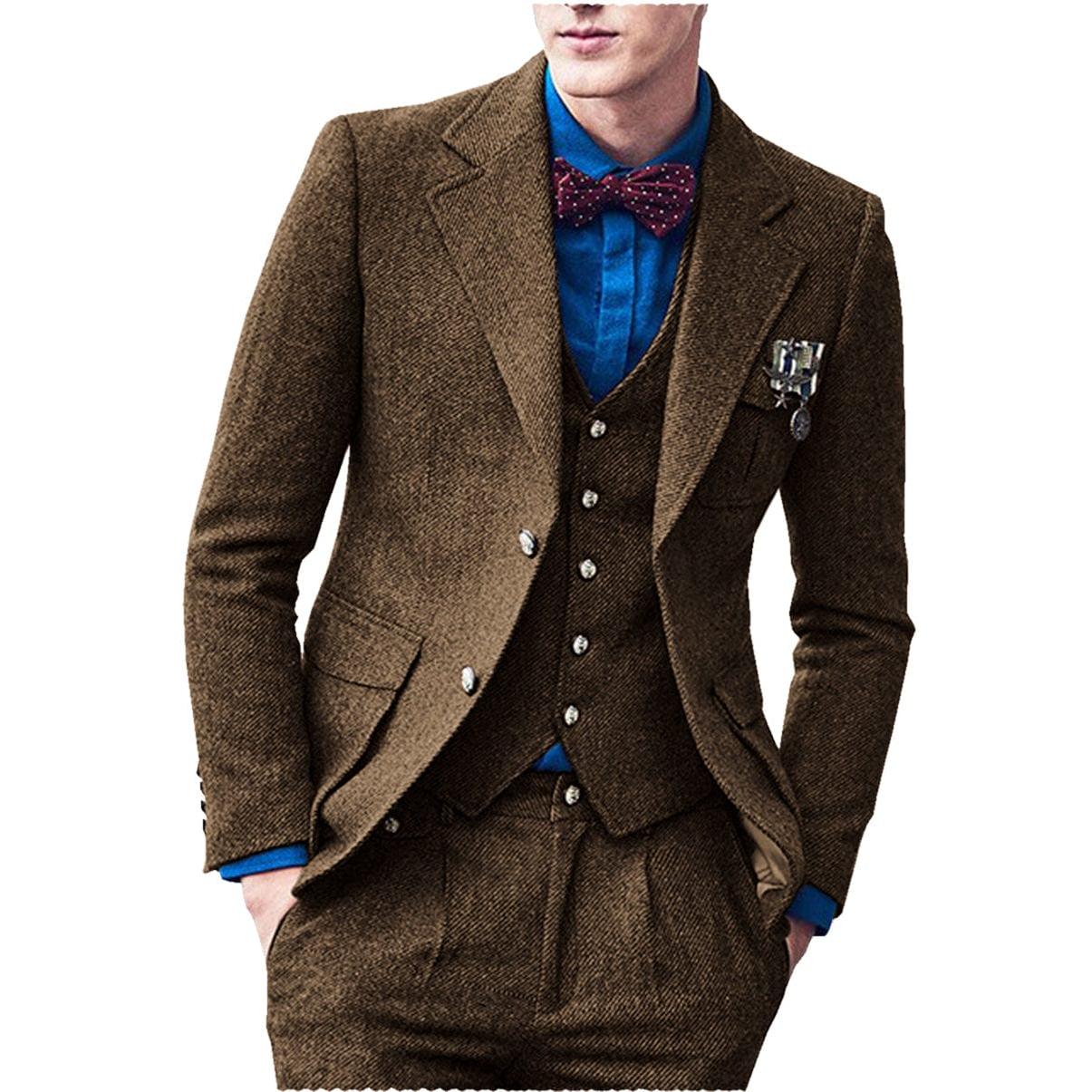 ceehuteey Men's 3 Pieces Suit Classic Bussiness Herringbone Tweed Peak Lapel Gent Tuxedos (Blazer+Vest+Pants)