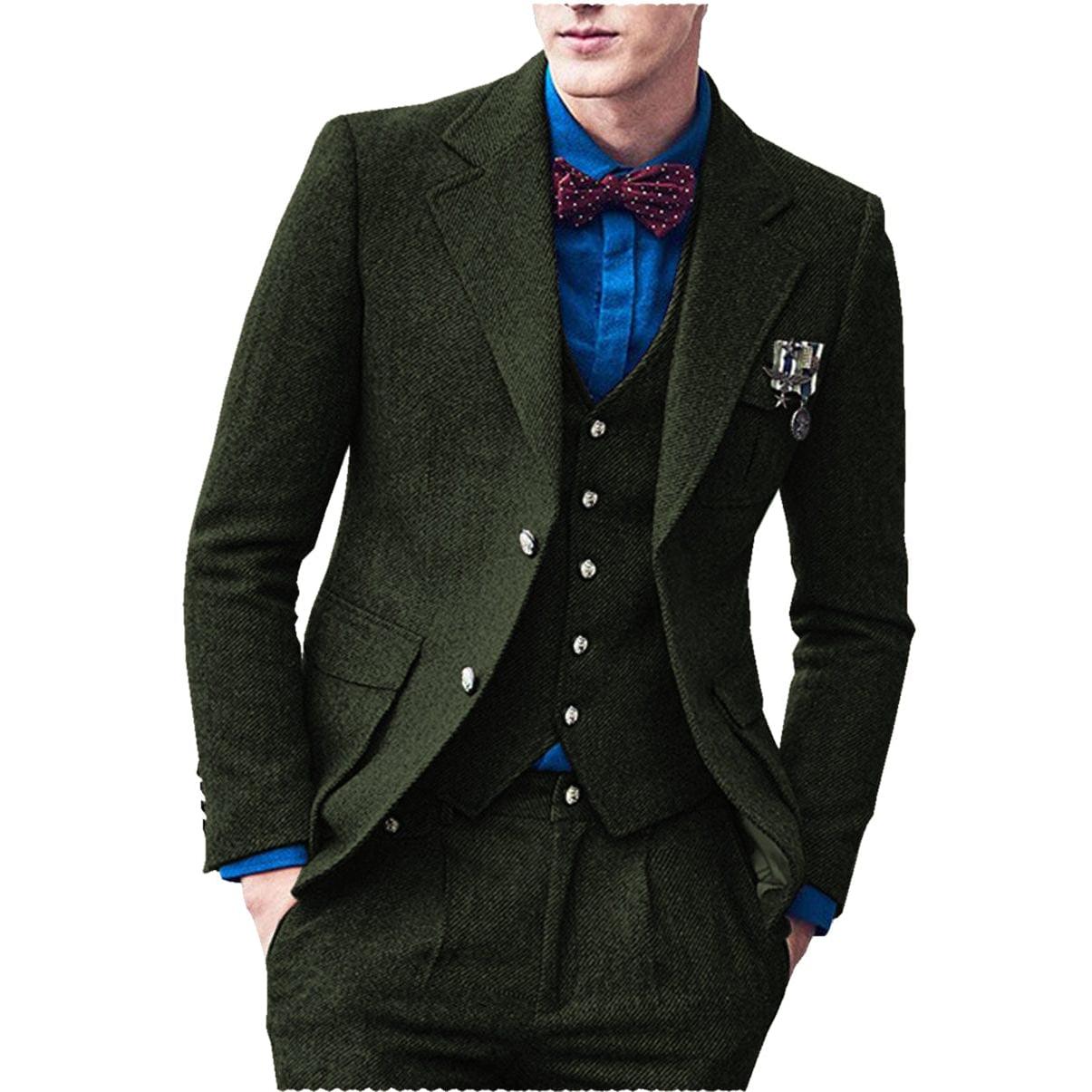 ceehuteey Men's 3 Pieces Suit Classic Bussiness Herringbone Tweed Peak Lapel Gent Tuxedos (Blazer+Vest+Pants)