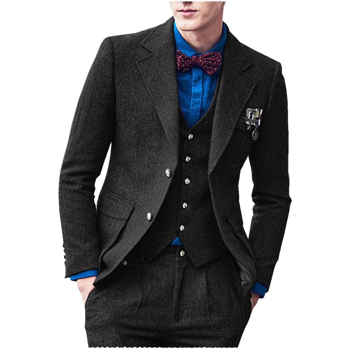 ceehuteey Men's 3 Pieces Suit Classic Bussiness Herringbone Tweed Peak Lapel Gent Tuxedos (Blazer+Vest+Pants)