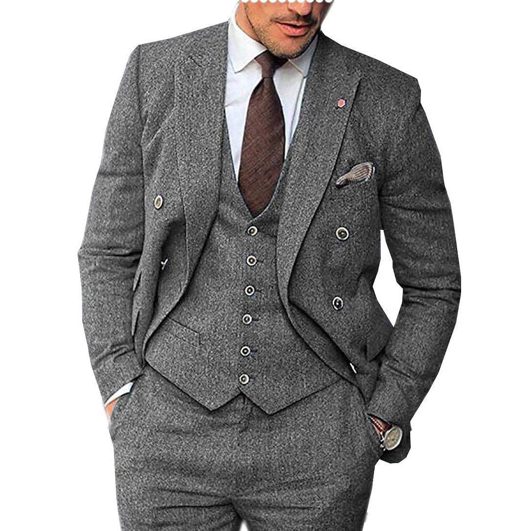 ceehuteey Men's 3 Pieces Suit Classic Herringbone Tweed Peak Lapel Gent Tuxedos (Blazer+vest+Pants)