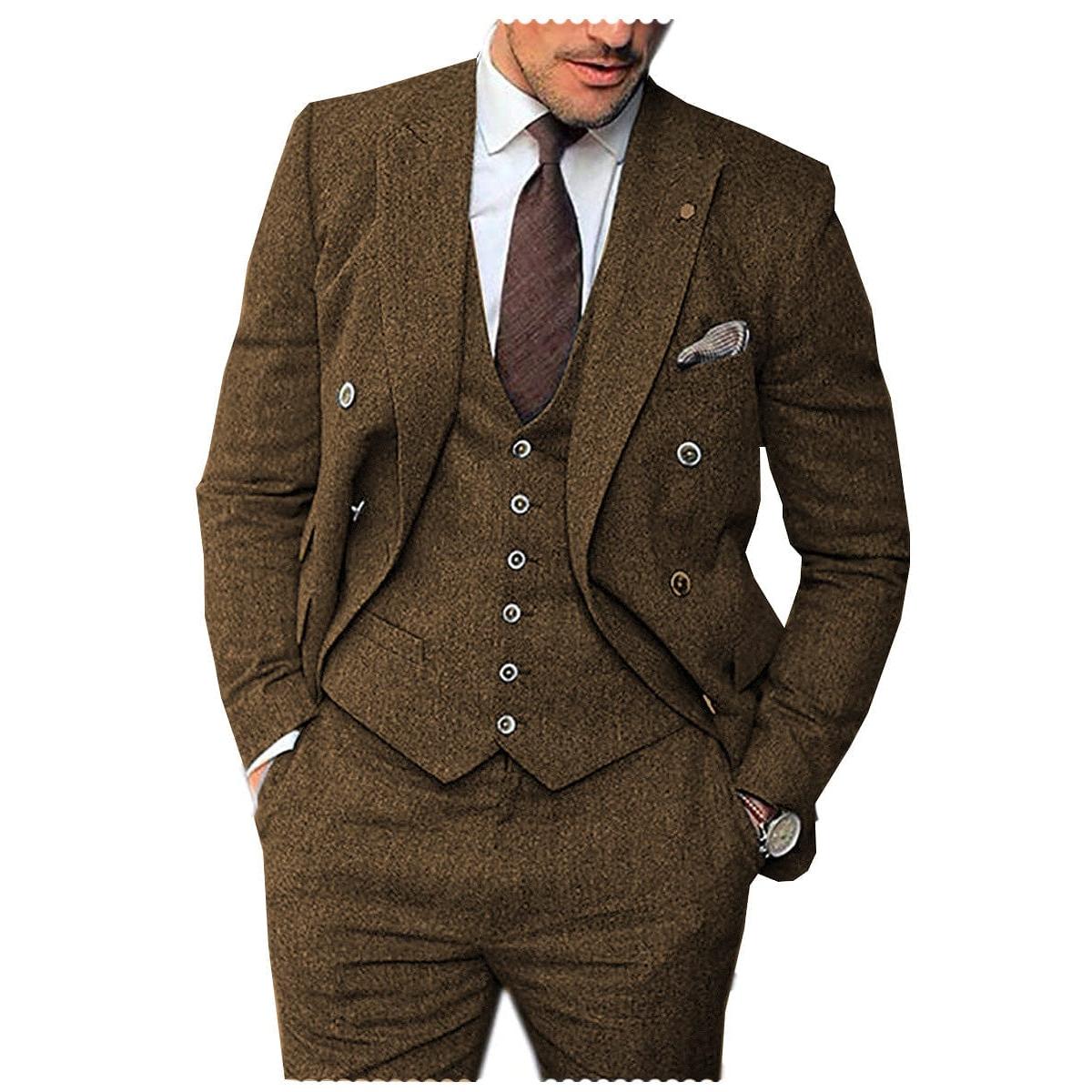 ceehuteey Men's 3 Pieces Suit Classic Herringbone Tweed Peak Lapel Gent Tuxedos (Blazer+vest+Pants)