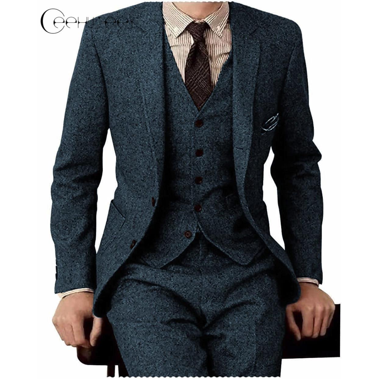 ceehuteey Men's 3 Pieces Suit Classic Tweed Notch Lapel Tuxedos Prom(Blazer+vest+Pants)