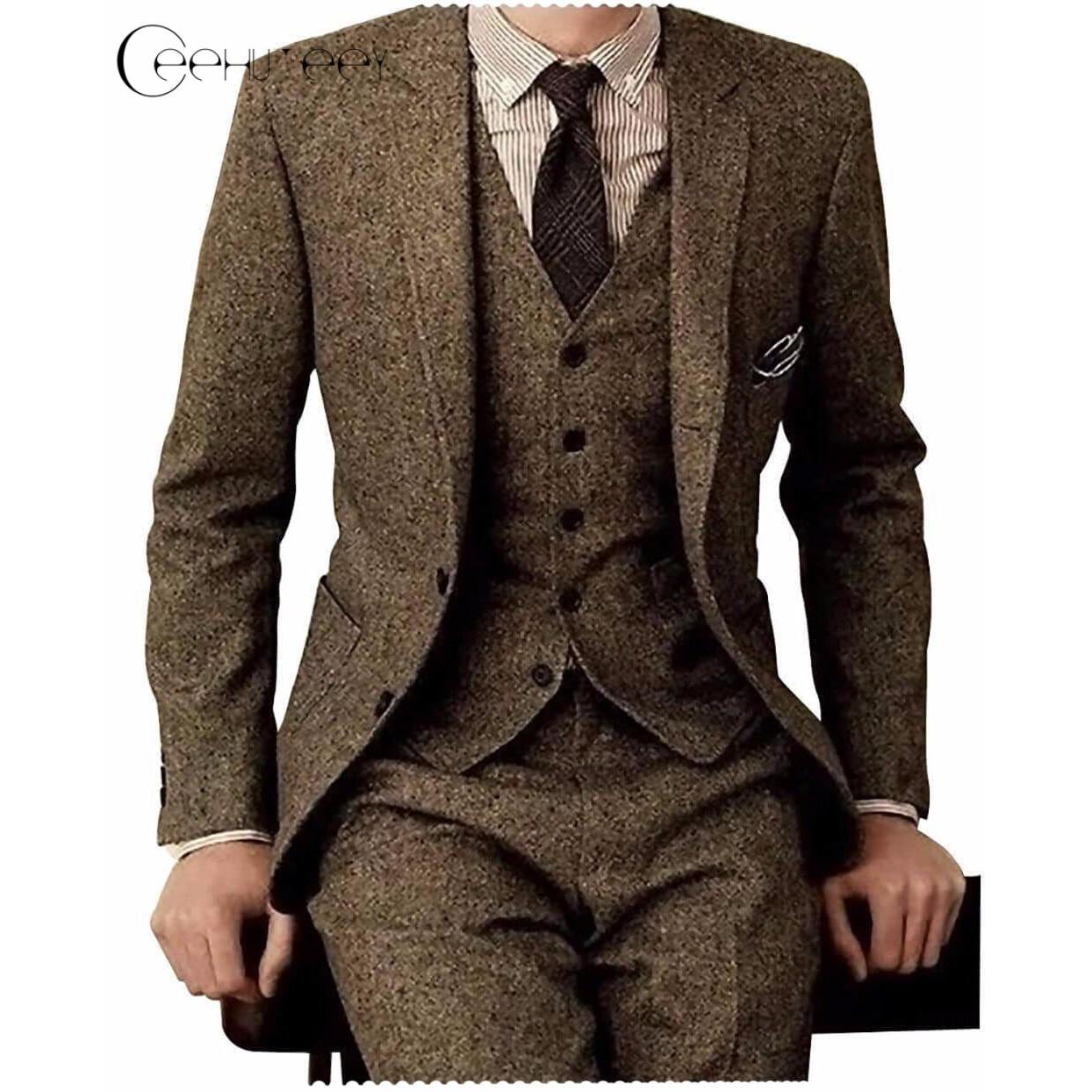 ceehuteey Men's 3 Pieces Suit Classic Tweed Notch Lapel Tuxedos Prom(Blazer+vest+Pants)