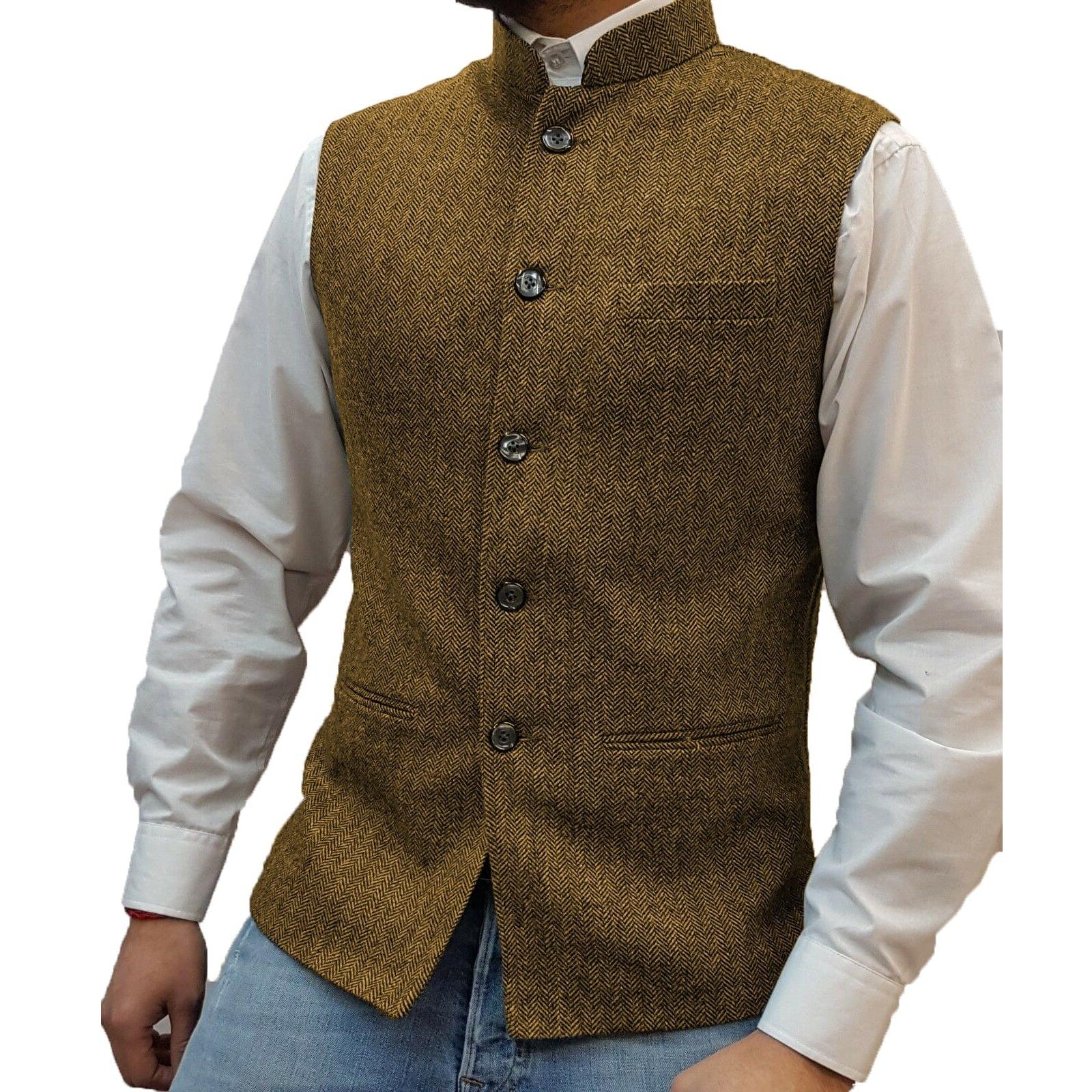 ceehuteey Men's Casual Slim Fit herringbone Stand Collar Waistcoat