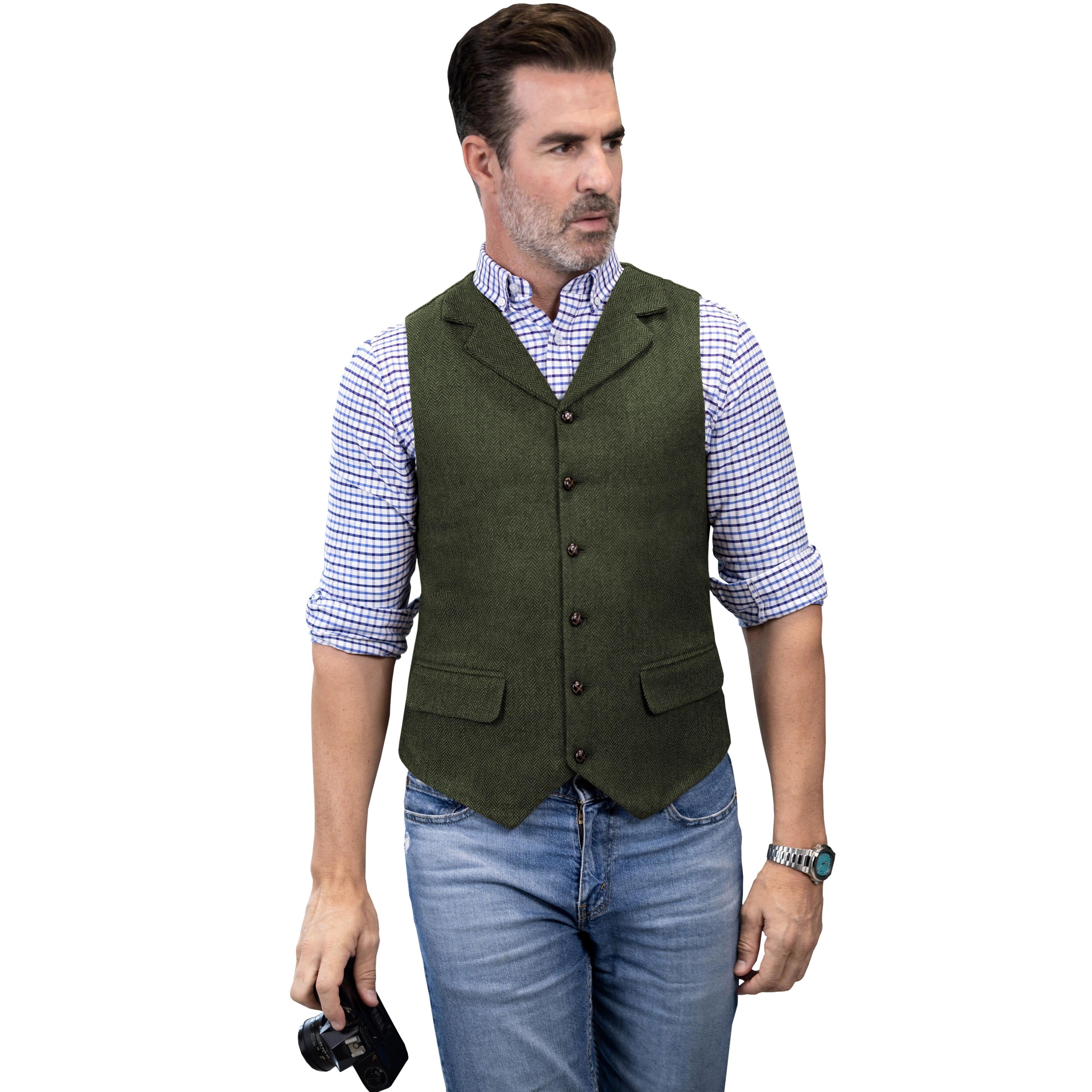 ceehuteey Men's Casual Vest Tweed Herringbone Notch Lapel Waistcoat