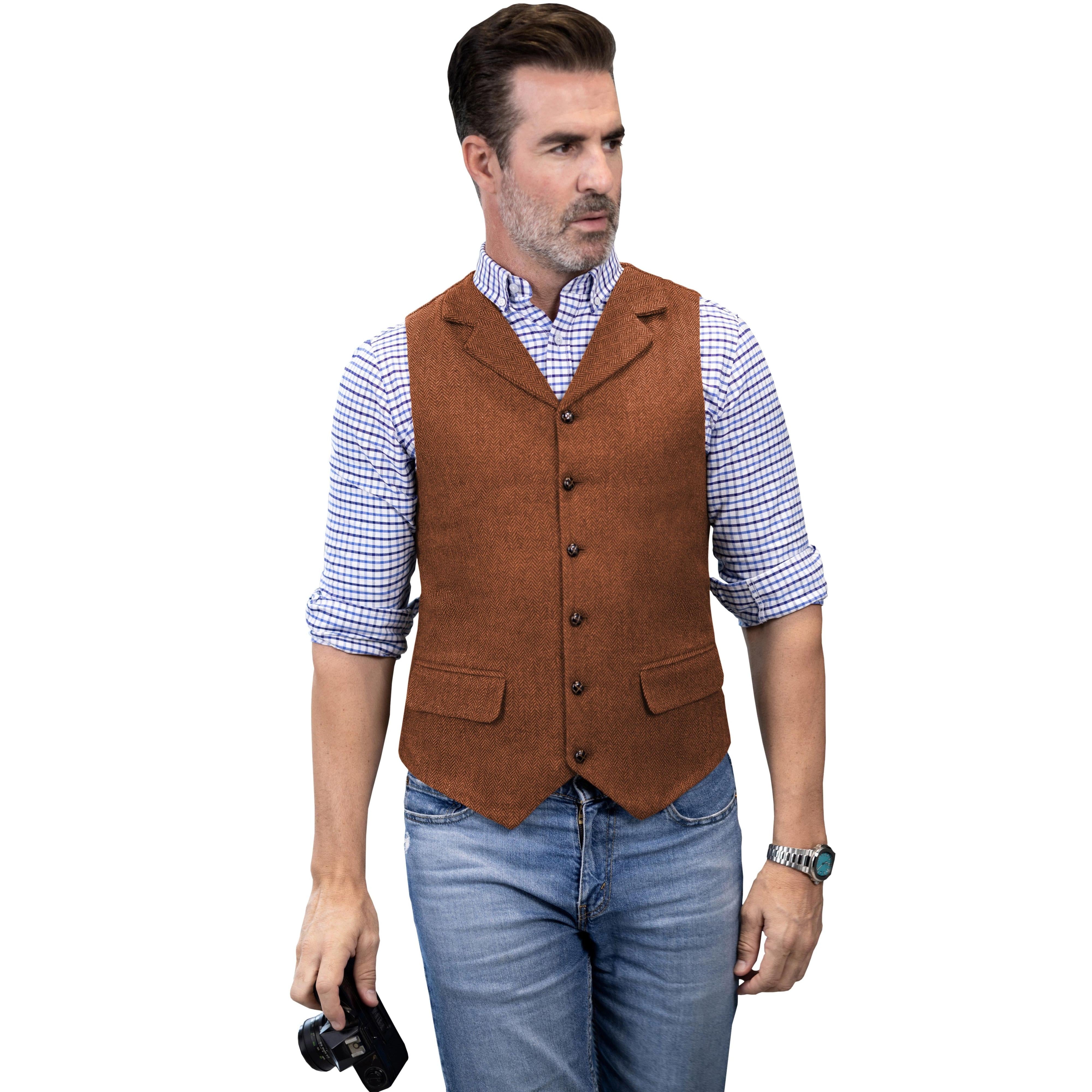 ceehuteey Men's Casual Vest Tweed Herringbone Notch Lapel Waistcoat