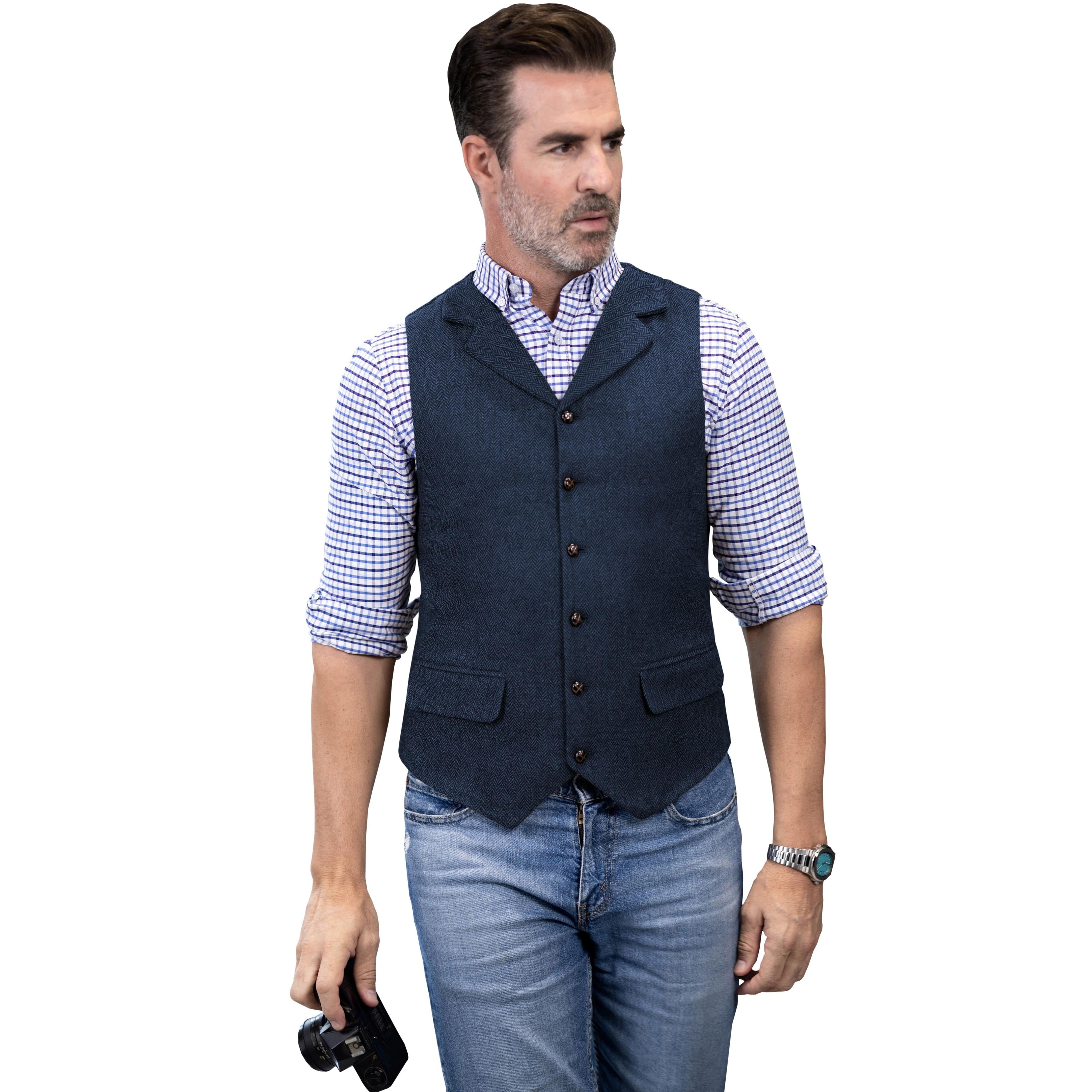 ceehuteey Men's Casual Vest Tweed Herringbone Notch Lapel Waistcoat