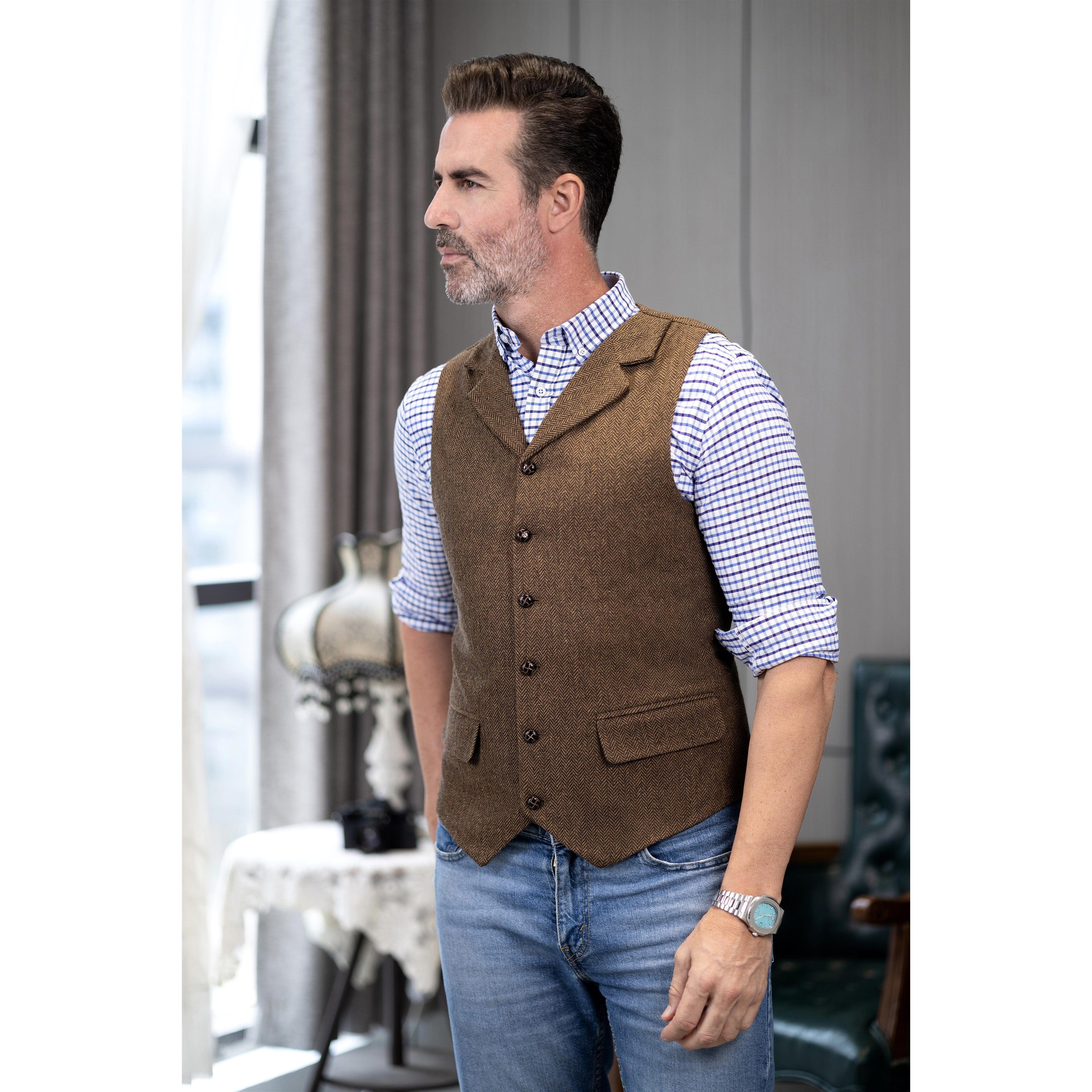 ceehuteey Men's Casual Vest Tweed Herringbone Notch Lapel Waistcoat