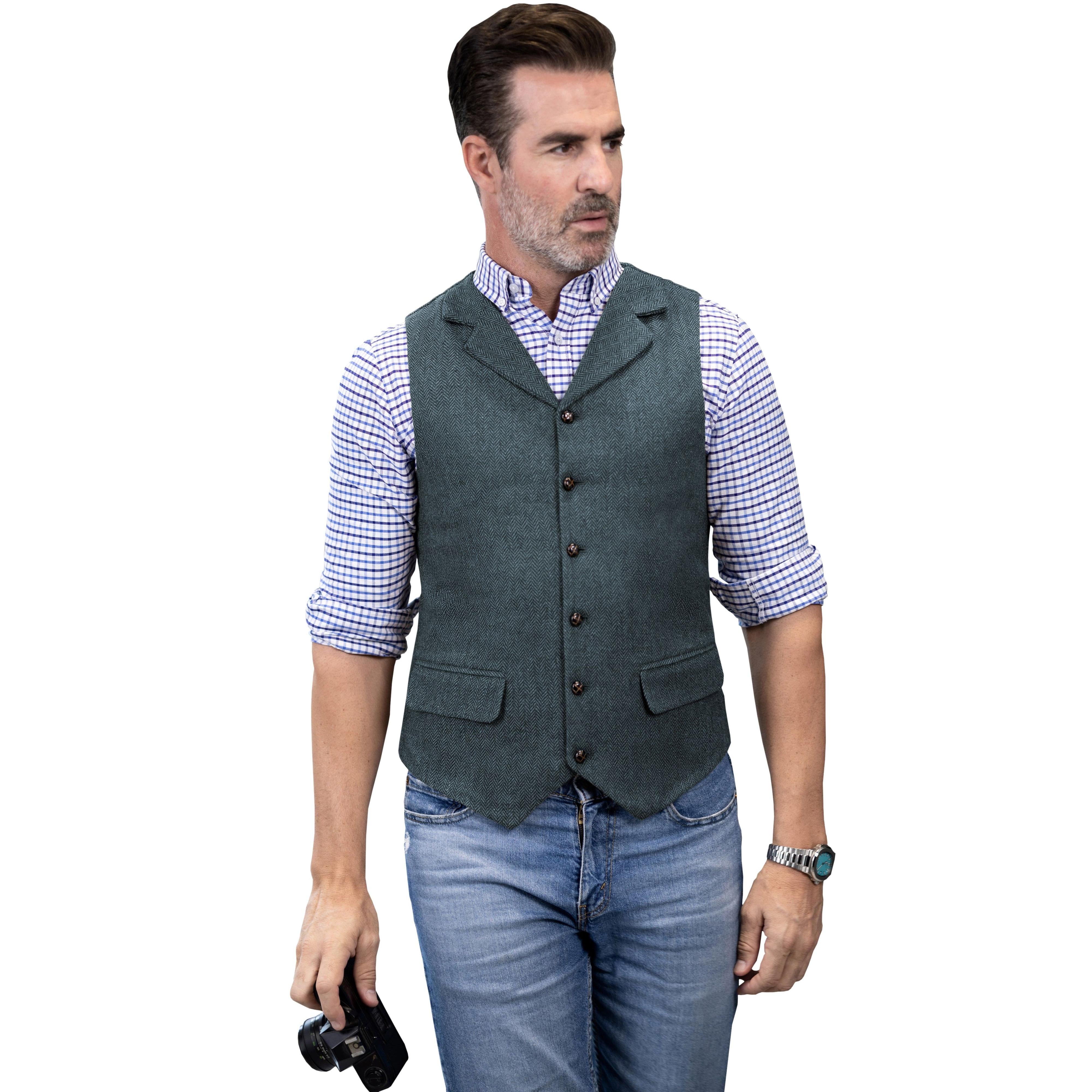 ceehuteey Men's Casual Vest Tweed Herringbone Notch Lapel Waistcoat