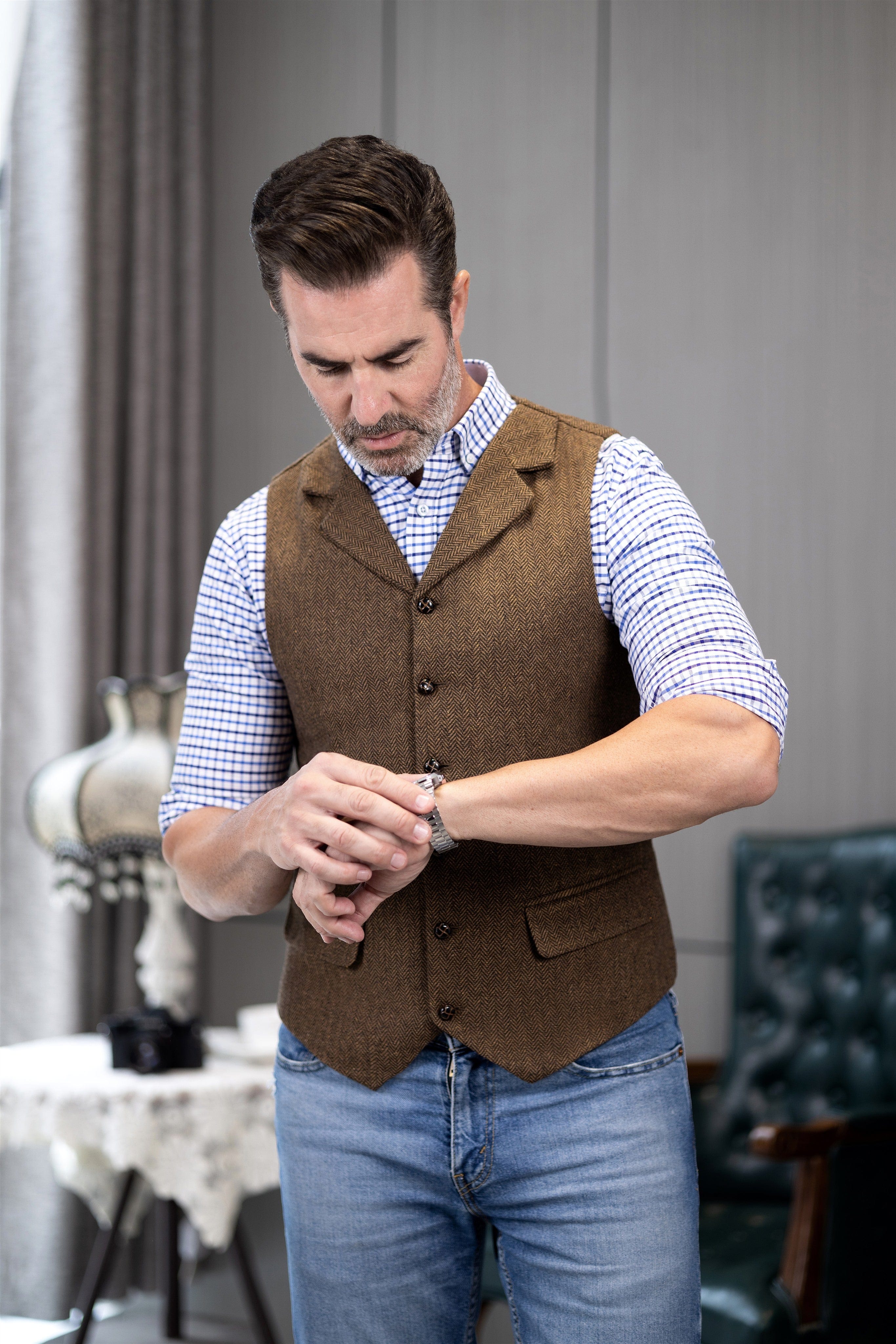 ceehuteey Men's Casual Vest Tweed Herringbone Notch Lapel Waistcoat