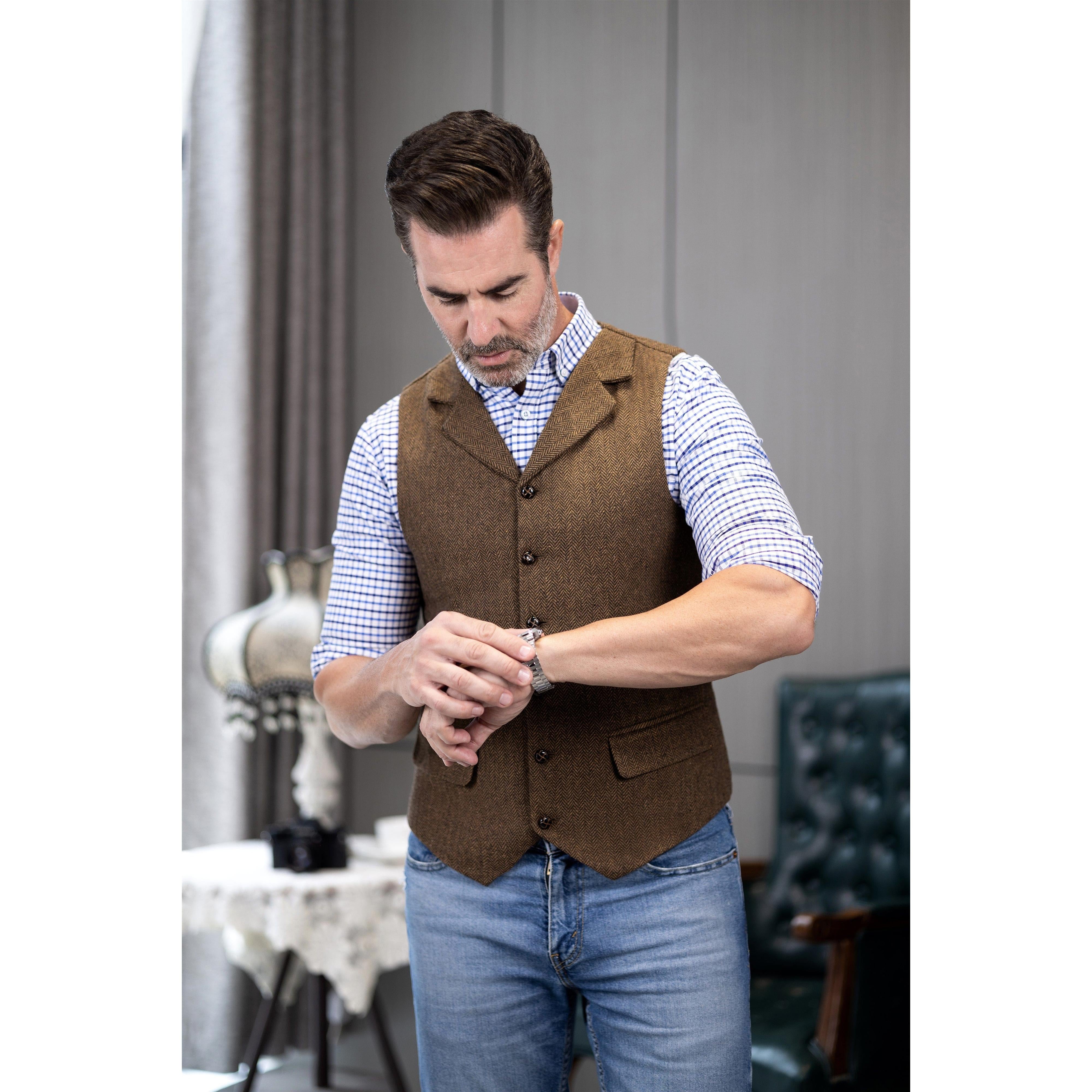 ceehuteey Men's Casual Vest Tweed Herringbone Notch Lapel Waistcoat