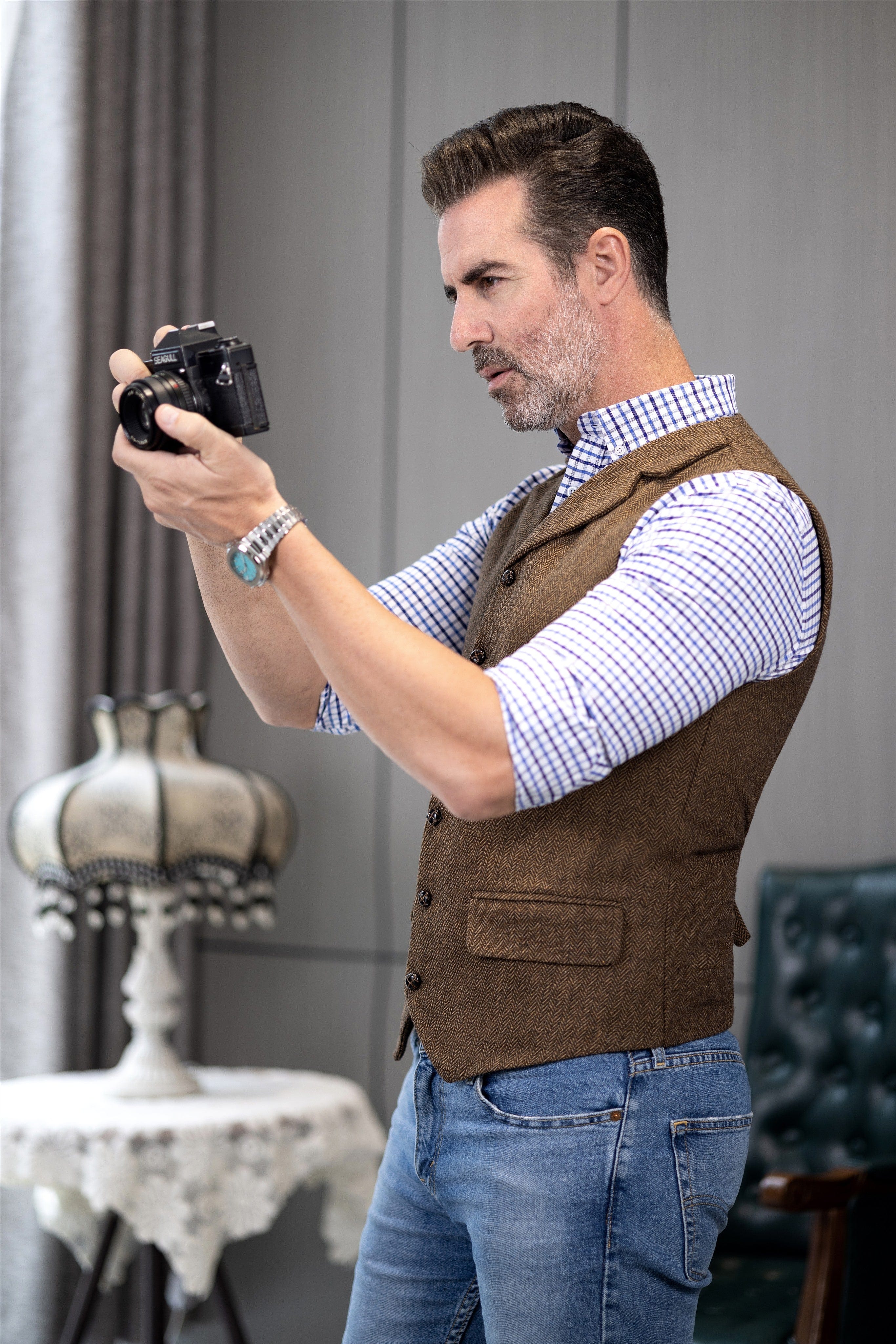 ceehuteey Men's Casual Vest Tweed Herringbone Notch Lapel Waistcoat