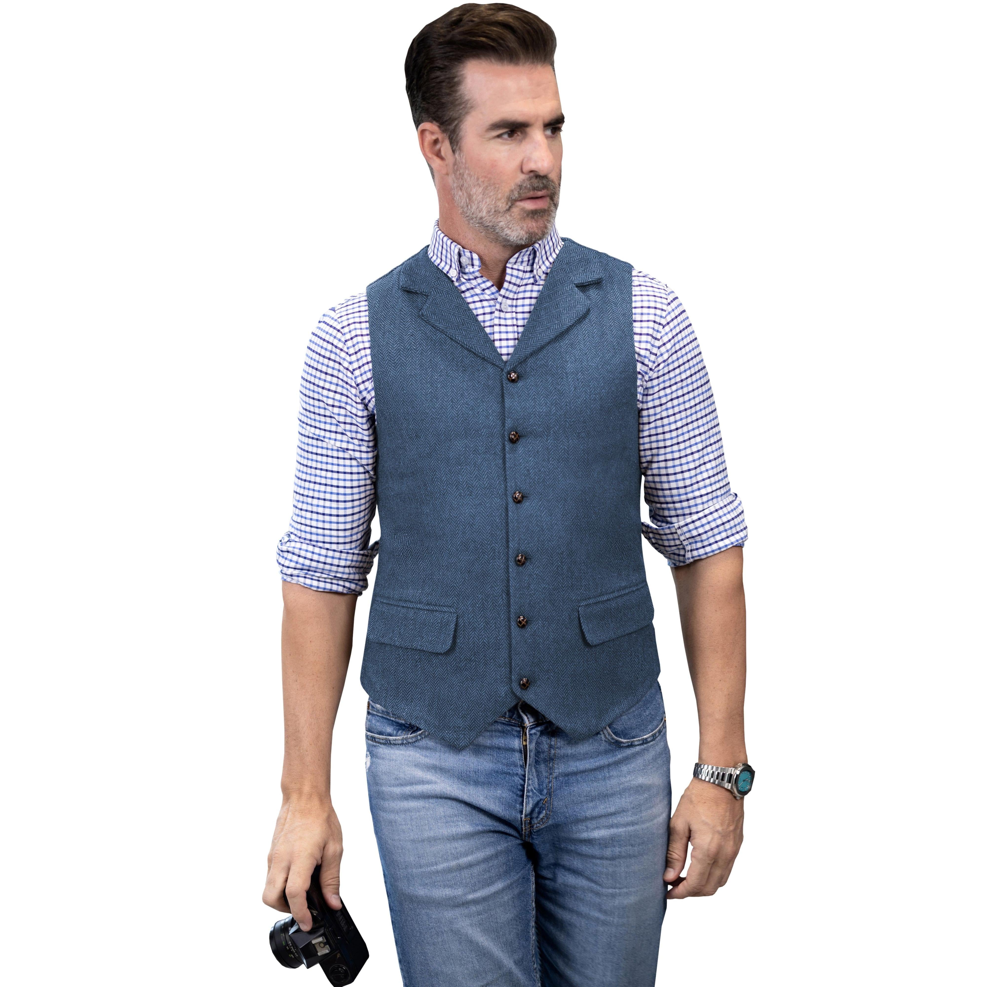 ceehuteey Men's Casual Vest Tweed Herringbone Notch Lapel Waistcoat