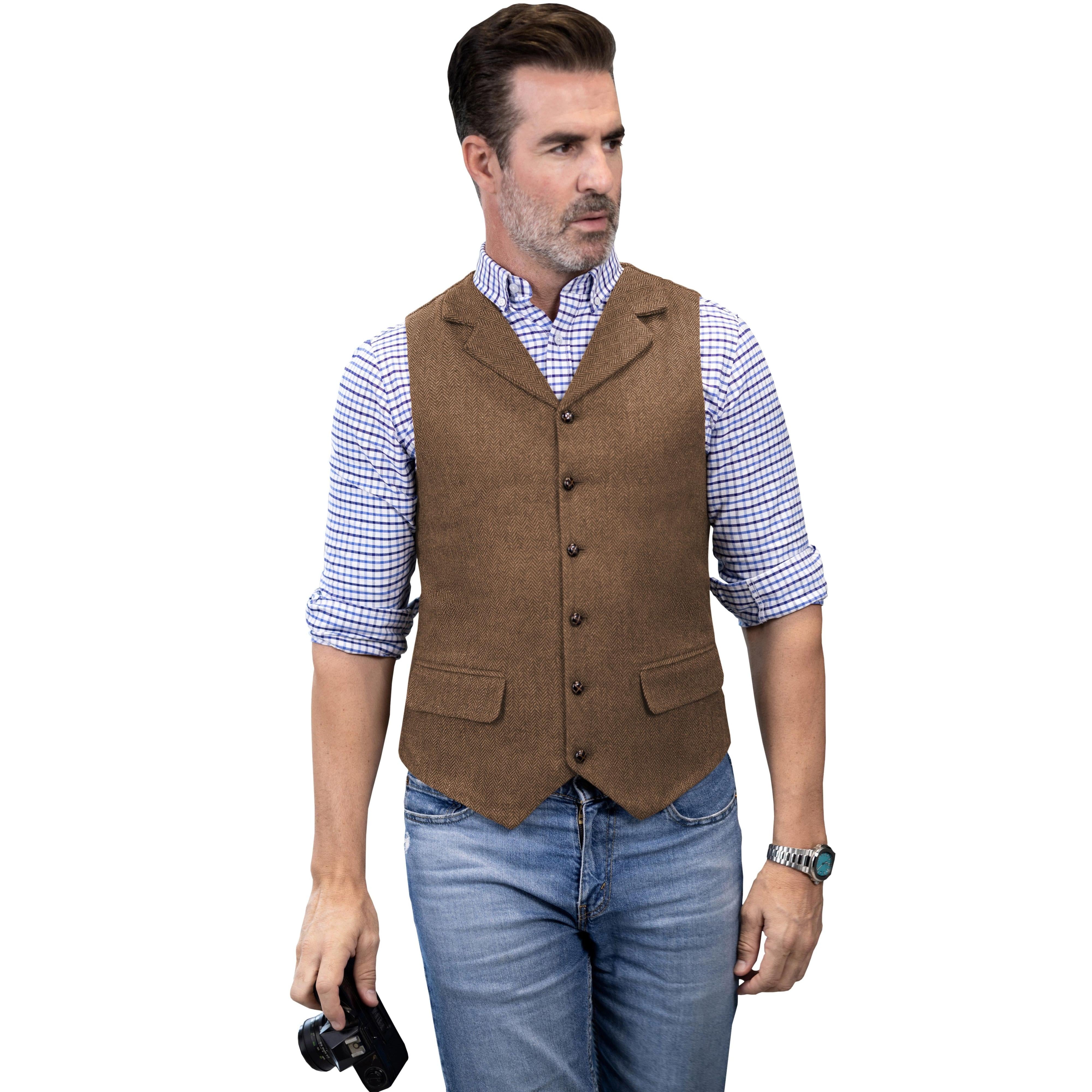 ceehuteey Men's Casual Vest Tweed Herringbone Notch Lapel Waistcoat