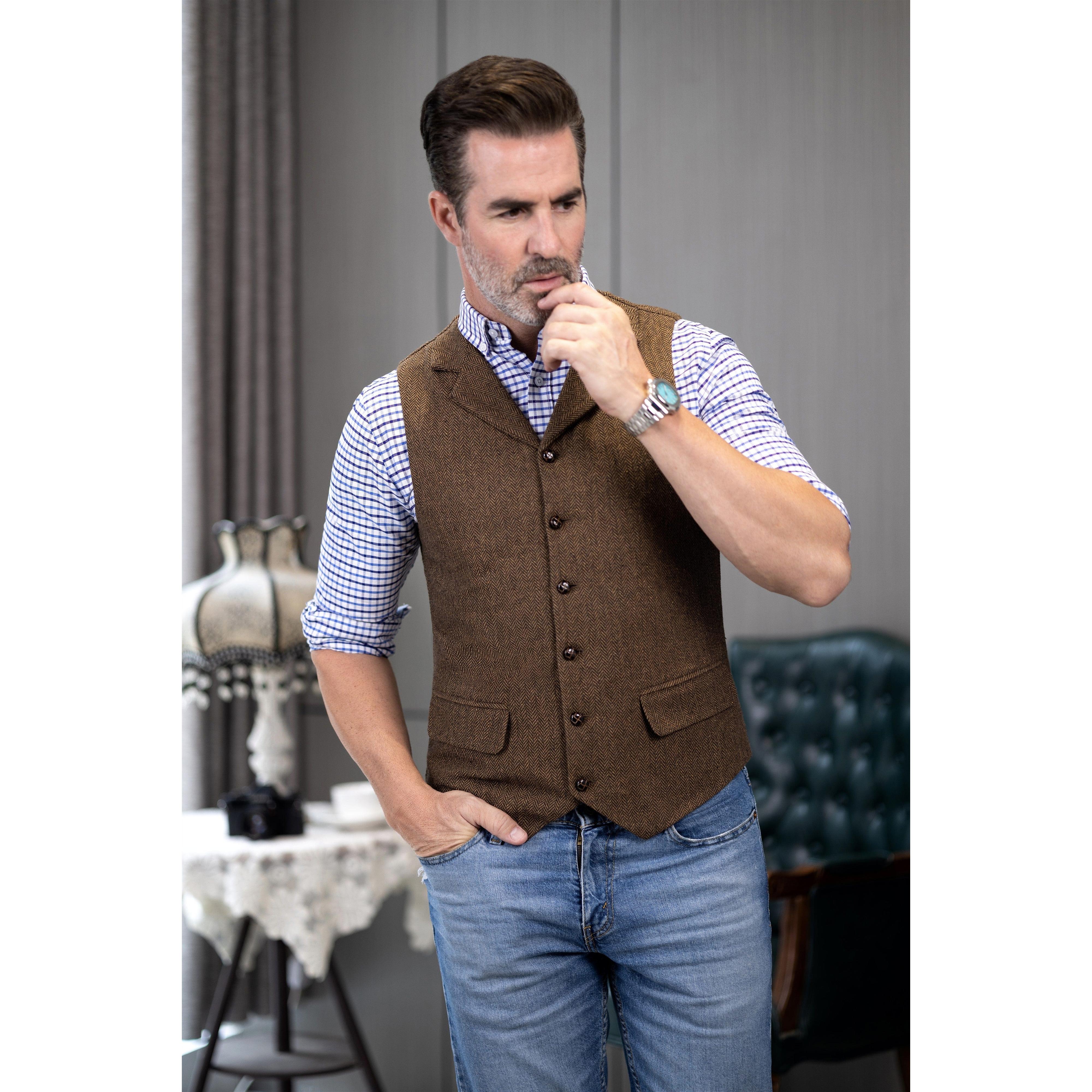 ceehuteey Men's Casual Vest Tweed Herringbone Notch Lapel Waistcoat