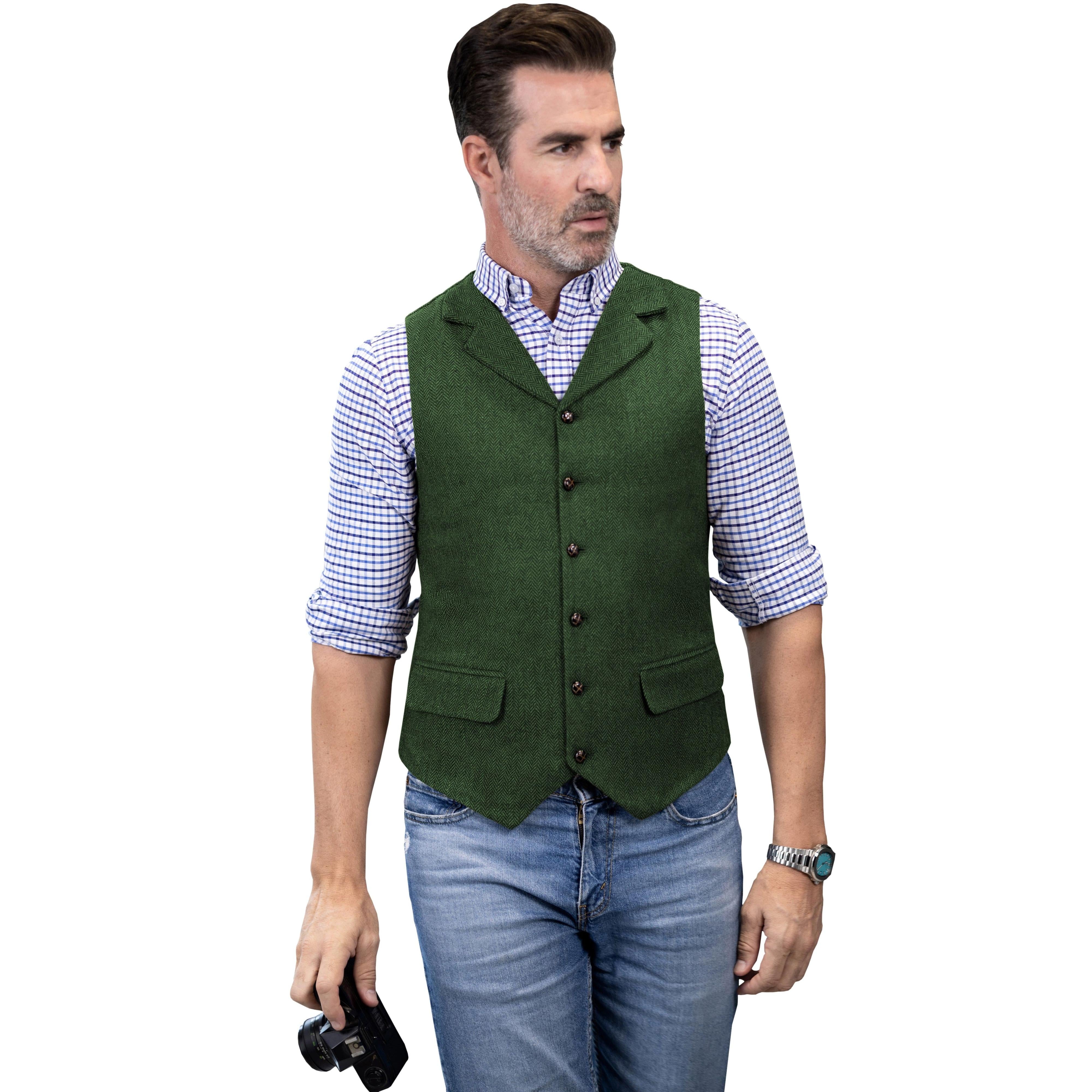ceehuteey Men's Casual Vest Tweed Herringbone Notch Lapel Waistcoat