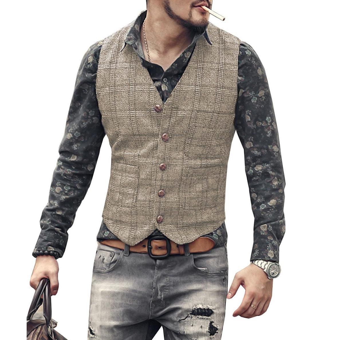 ceehuteey Men's Causual Plaid Tweed V Neck Waistcoat