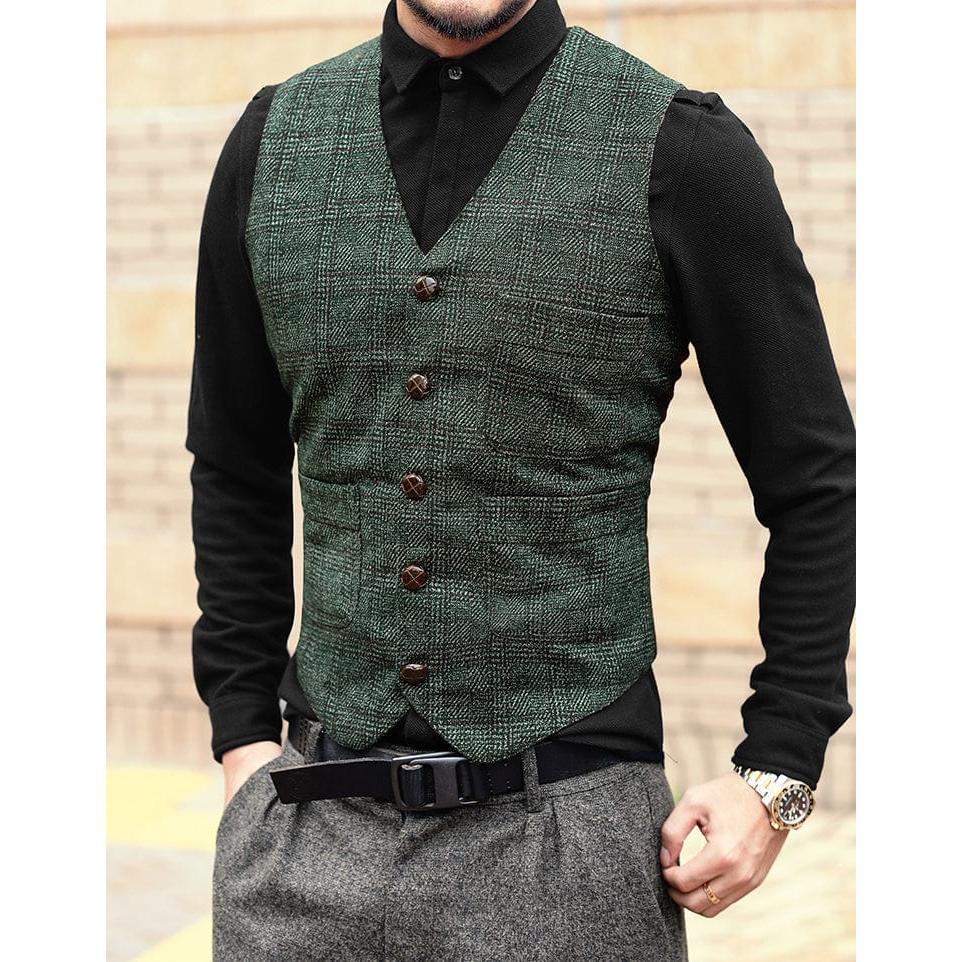 ceehuteey Men's Causual Plaid Tweed V Neck Waistcoat