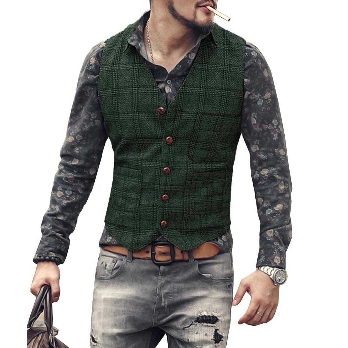 ceehuteey Men's Causual Plaid Tweed V Neck Waistcoat
