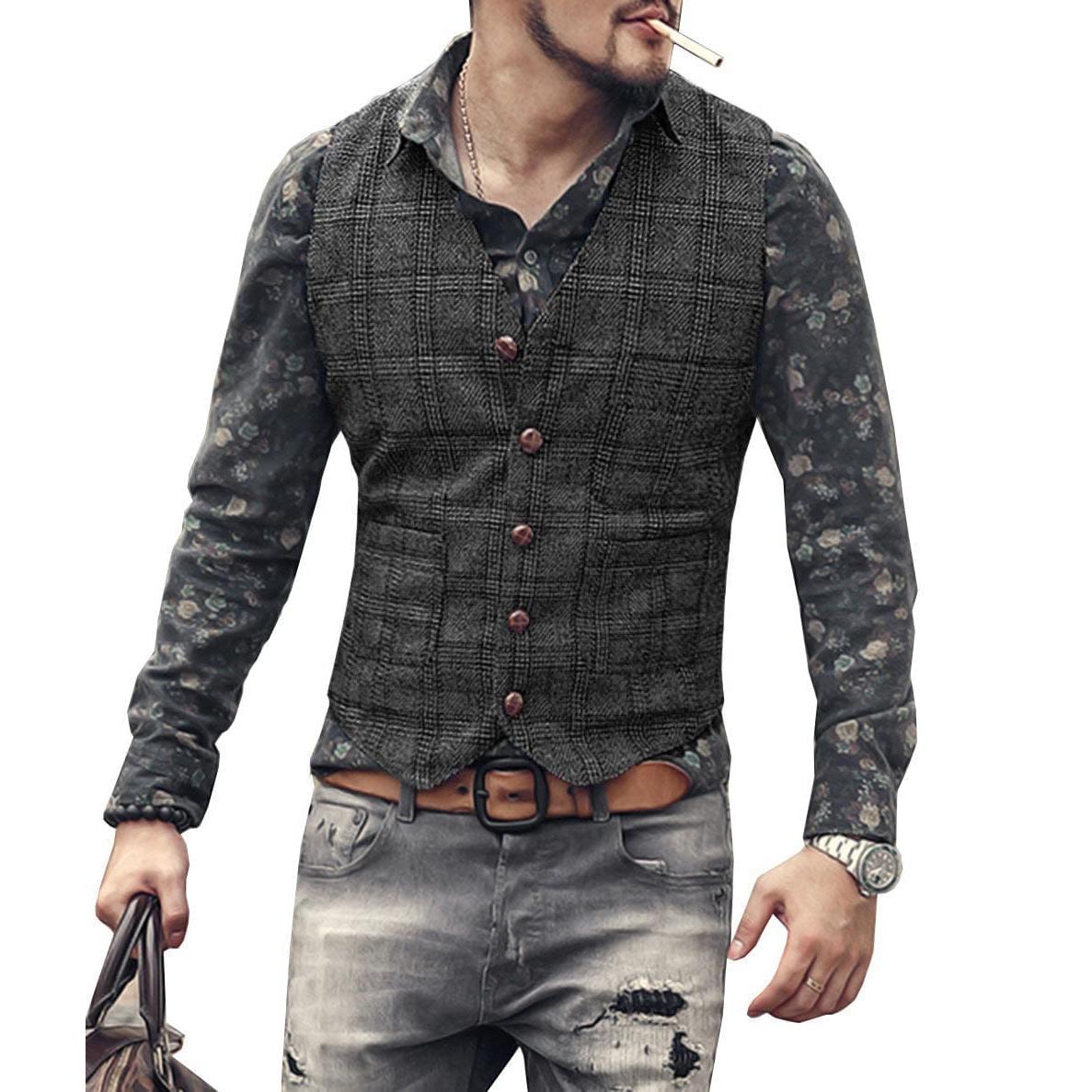 ceehuteey Men's Causual Plaid Tweed V Neck Waistcoat