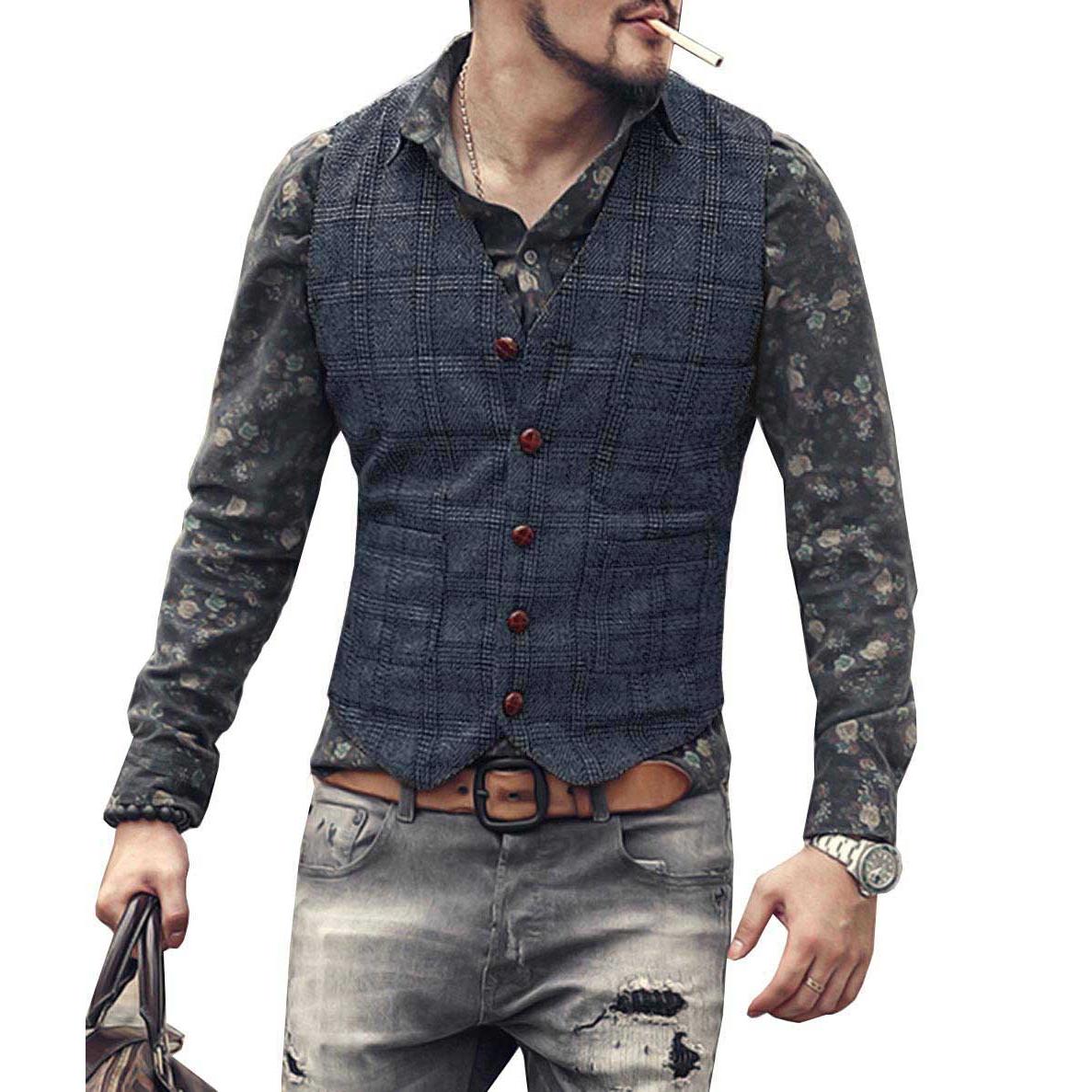 ceehuteey Men's Causual Plaid Tweed V Neck Waistcoat