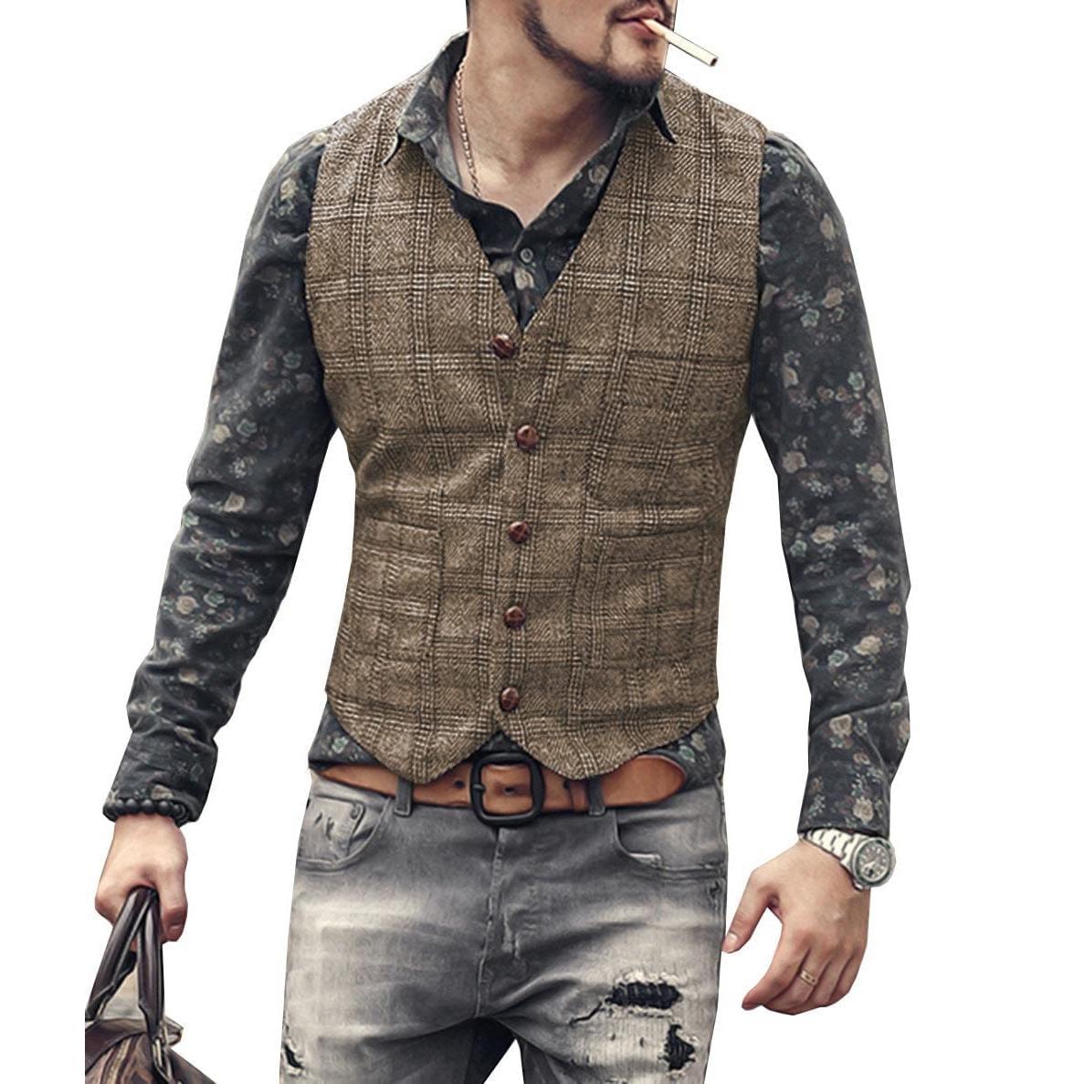 ceehuteey Men's Causual Plaid Tweed V Neck Waistcoat