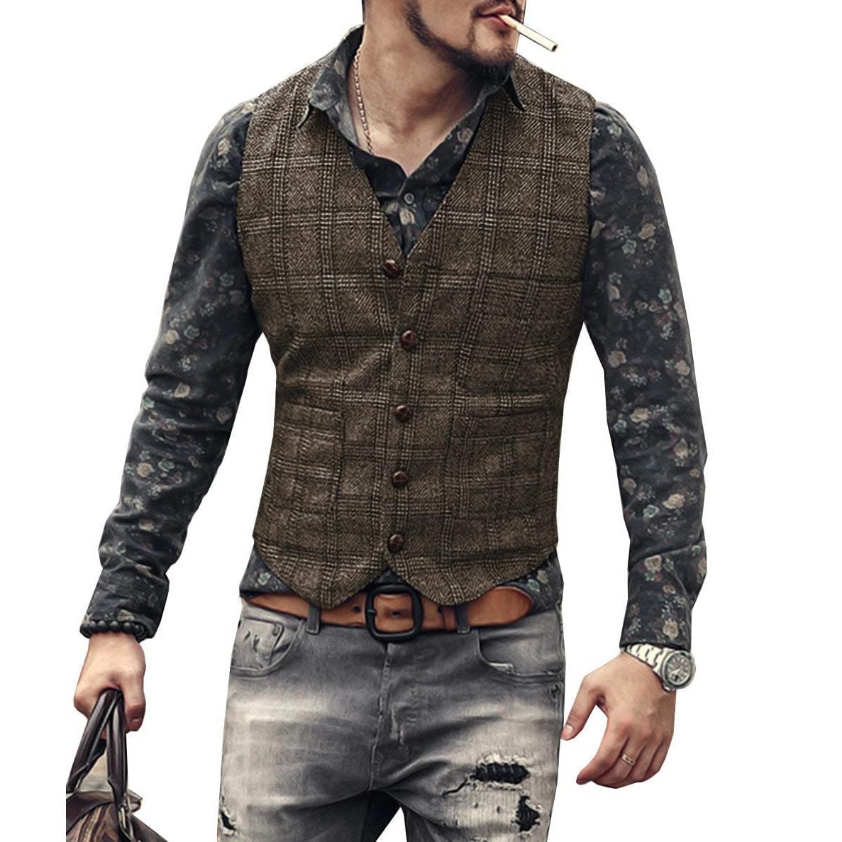 ceehuteey Men's Causual Plaid Tweed V Neck Waistcoat