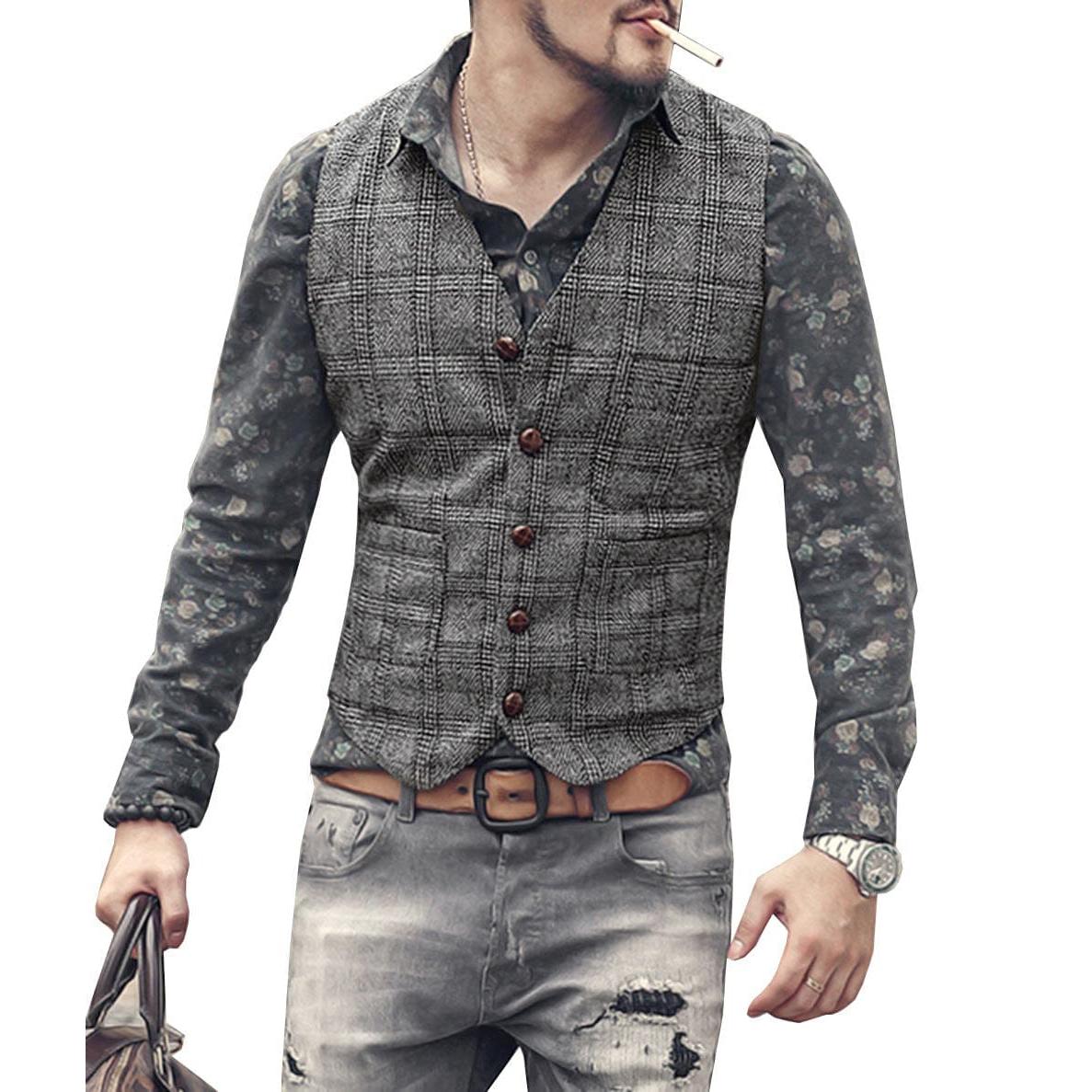 ceehuteey Men's Causual Plaid Tweed V Neck Waistcoat