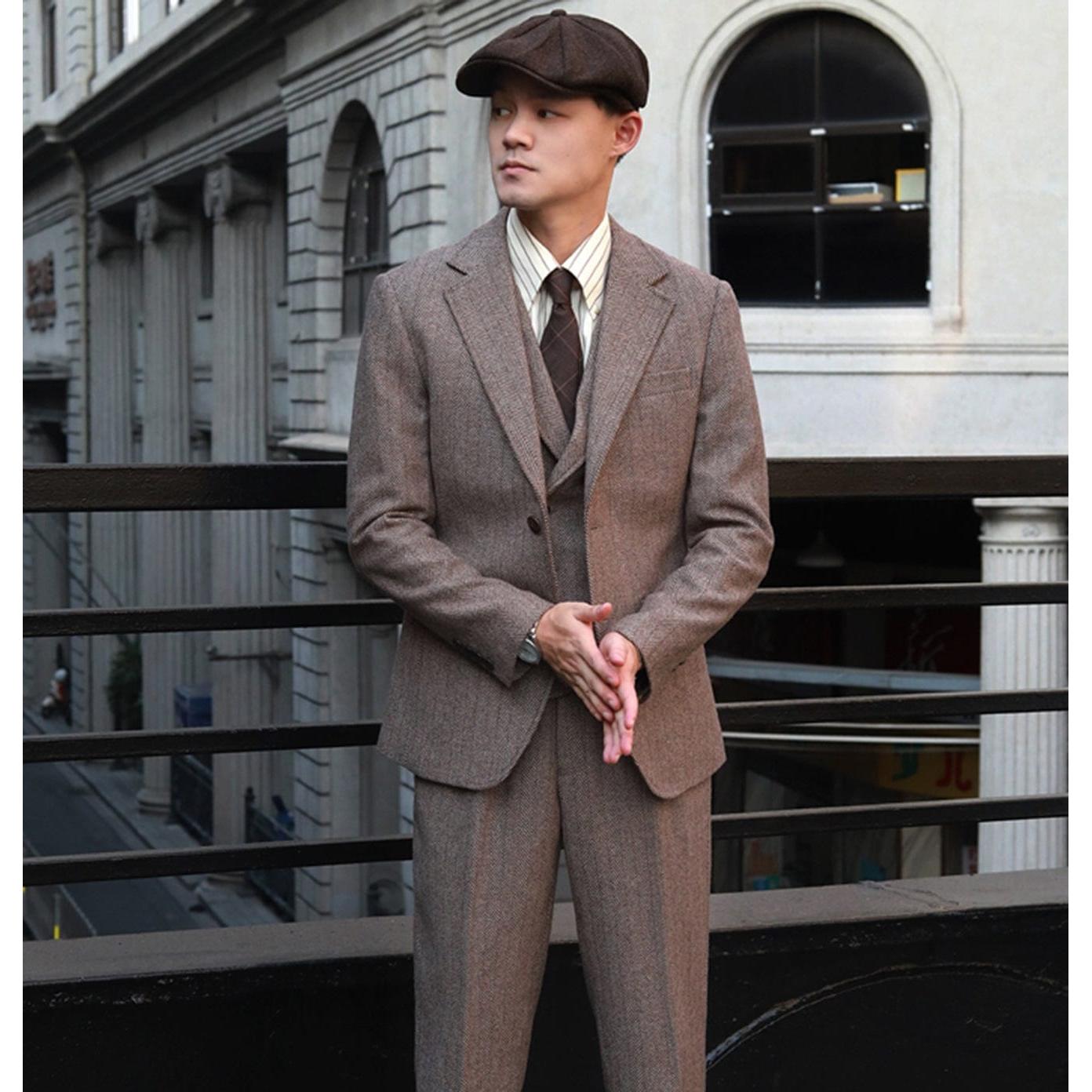 ceehuteey men’s classical herringbone suits 3 piece suits regular fit wedding groom suits (blazer+vest+pants)