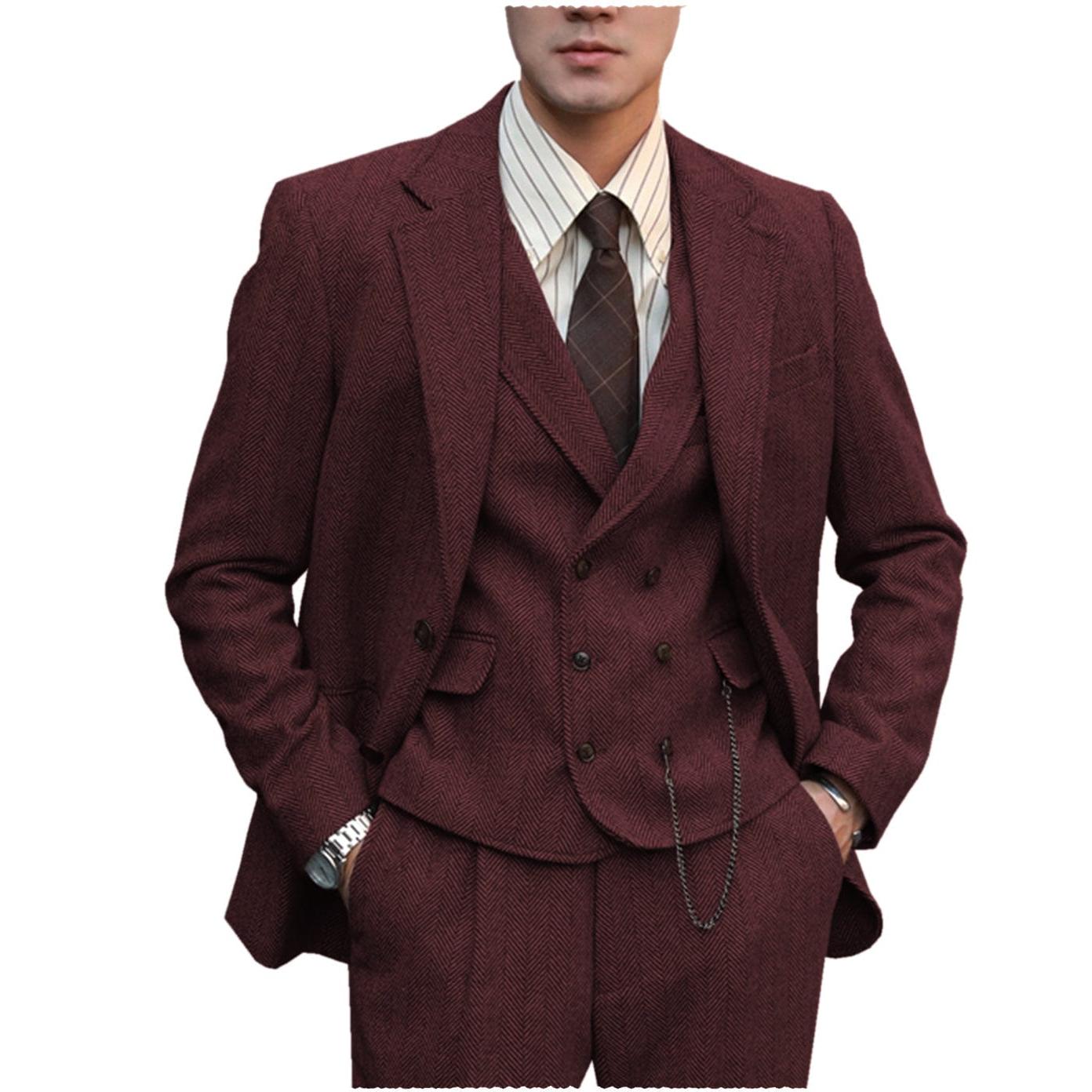 ceehuteey men’s classical herringbone suits 3 piece suits regular fit wedding groom suits (blazer+vest+pants)