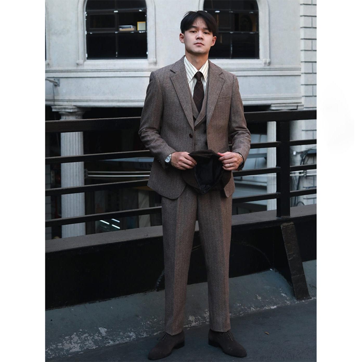 ceehuteey men’s classical herringbone suits 3 piece suits regular fit wedding groom suits (blazer+vest+pants)