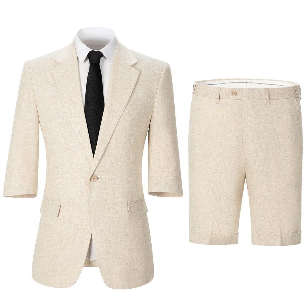 ceehuteey Men's Cotton and Linen Solid Notch Lapel Suit Suit Shorts Two-piece Set
