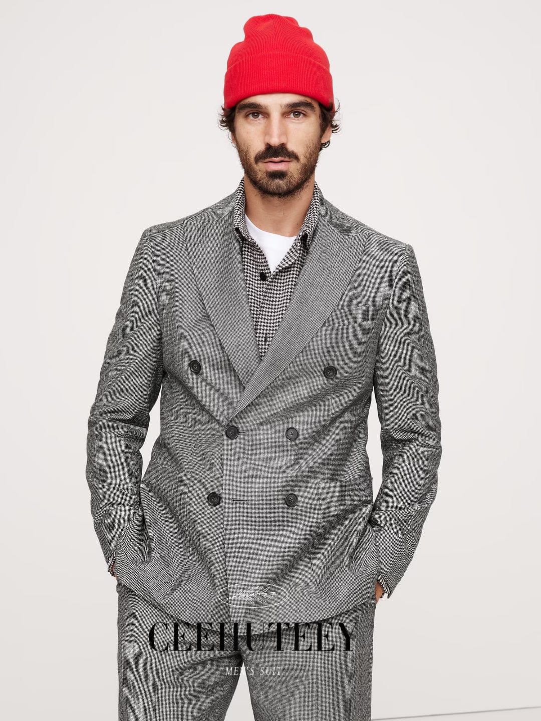 ceehuteey Men's Double Breasted Houndstooth Formal Peak lapel for wedding party Tuxedos (Blazer+Pant)