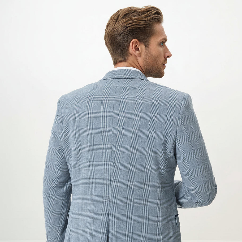 ceehuteey Men's Fashion 3 piece Plaid Blue Contrast color Peak Lapel Double Breasted Multiple Occasions suit (Blazer+vest+Pants)