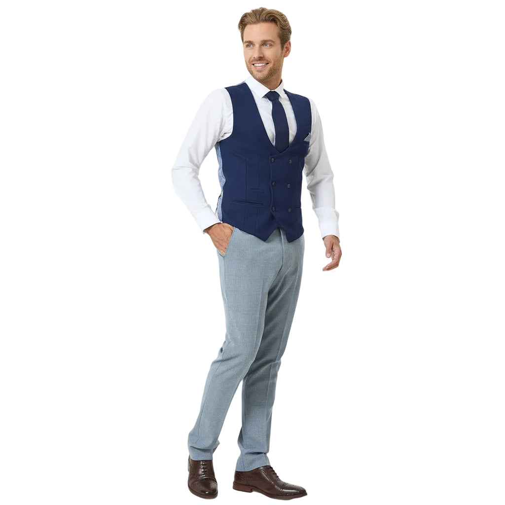 ceehuteey Men's Fashion 3 piece Plaid Blue Contrast color Peak Lapel Double Breasted Multiple Occasions suit (Blazer+vest+Pants)