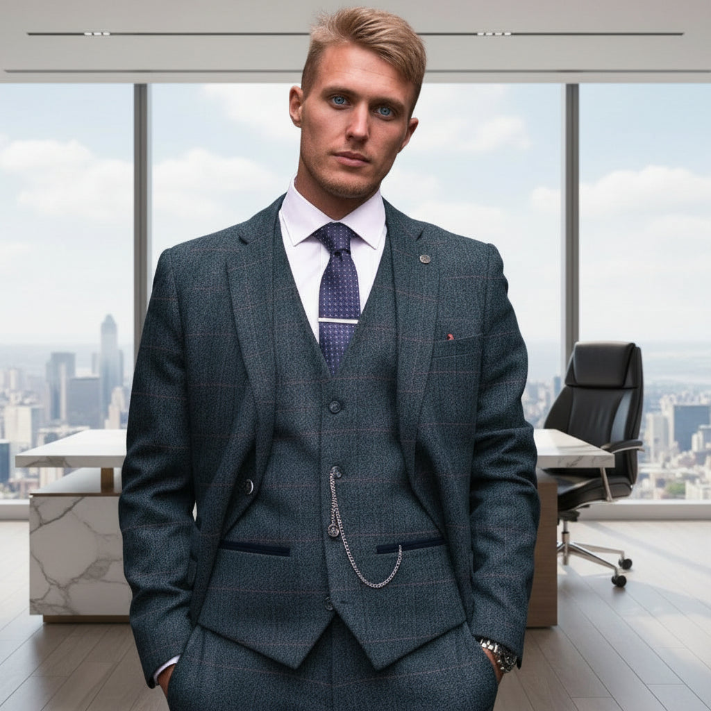 ceehuteey Men's Fashion 3 piece Plaid Blue Package Suit (Blazer+vest+Pants)