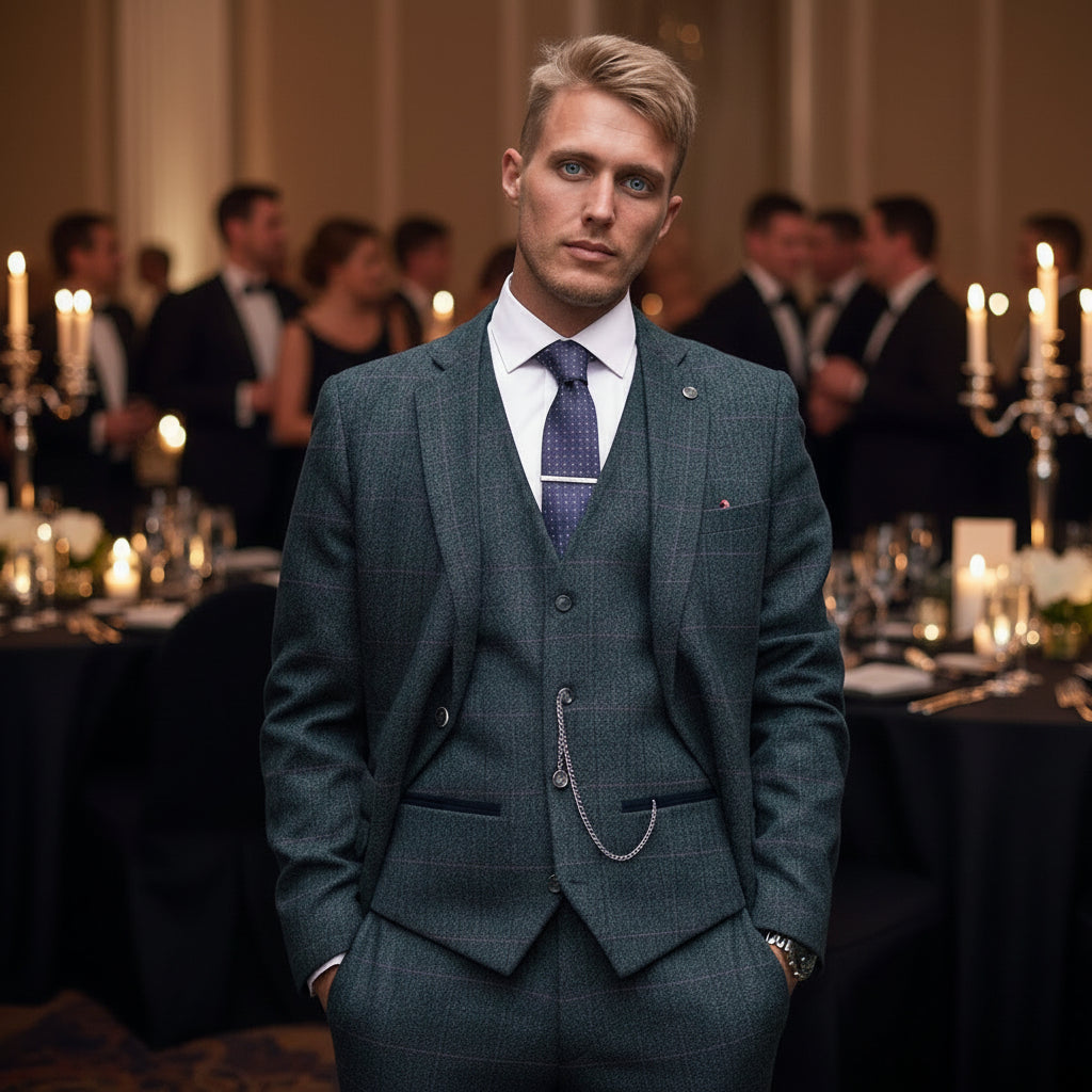 ceehuteey Men's Fashion 3 piece Plaid Blue Package Suit (Blazer+vest+Pants)