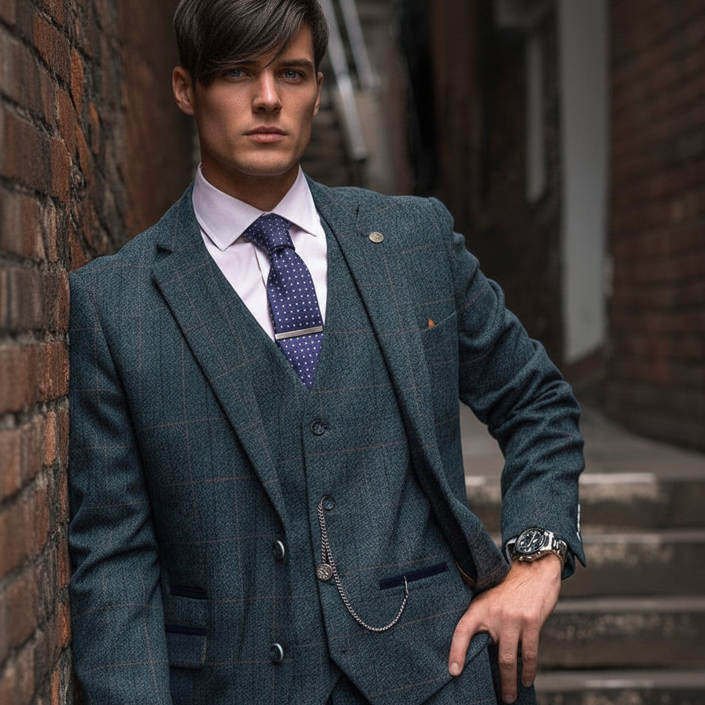 ceehuteey Men's Fashion 3 piece Plaid Blue Package Suit (Blazer+vest+Pants)