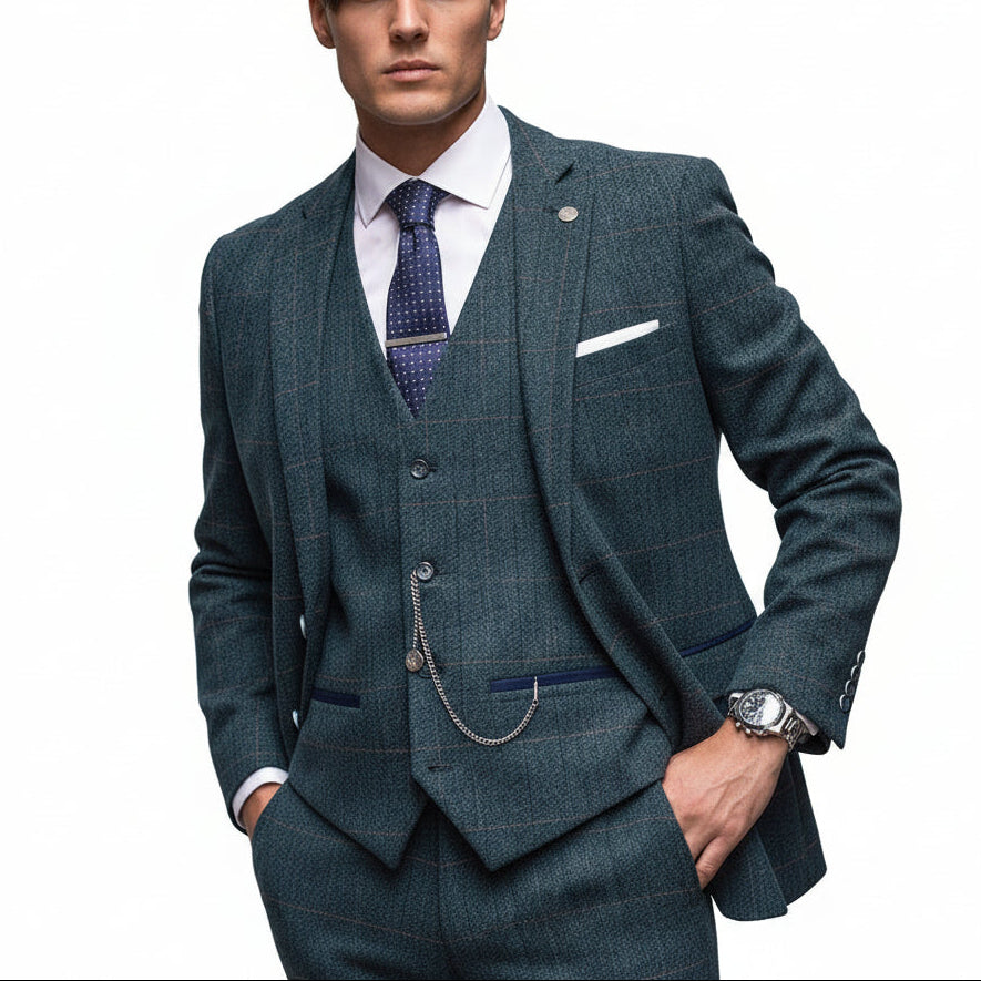 ceehuteey Men's Fashion 3 piece Plaid Blue Package Suit (Blazer+vest+Pants)