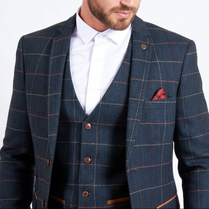 ceehuteey Men's Fashion 3 piece Plaid Blue Peak Lapel Double Breasted Multiple Occasions suit (Blazer+vest+Pants)
