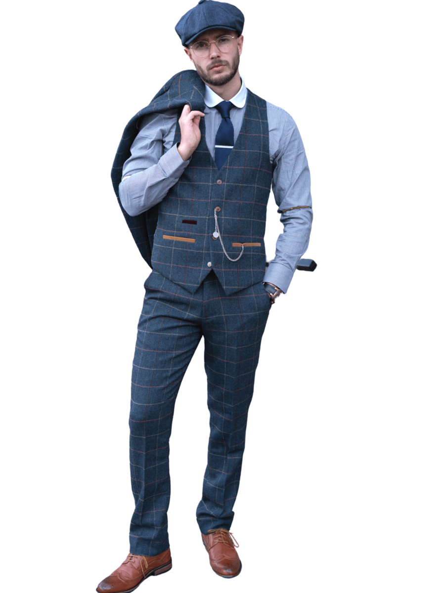 ceehuteey Men's Fashion 3 piece Plaid Blue Peak Lapel Double Breasted Multiple Occasions suit (Blazer+vest+Pants)