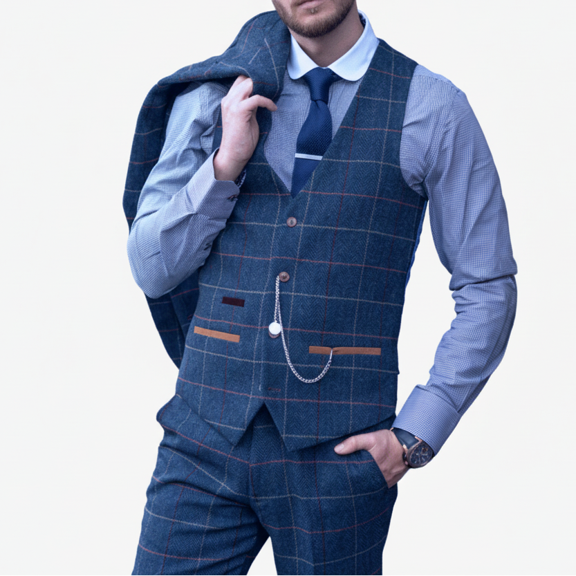 ceehuteey Men's Fashion 3 piece Plaid Blue Peak Lapel Double Breasted Multiple Occasions suit (Blazer+vest+Pants)