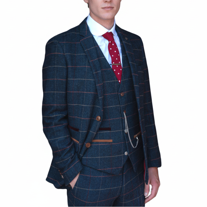 ceehuteey Men's Fashion 3 piece Plaid Blue Peak Lapel Double Breasted Multiple Occasions suit (Blazer+vest+Pants)