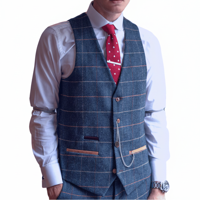 ceehuteey Men's Fashion 3 piece Plaid Blue Peak Lapel Double Breasted Multiple Occasions suit (Blazer+vest+Pants)